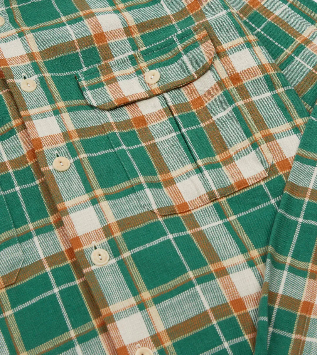 Drake's Checked Slub Cotton Two Pocket Work Shirt / Green