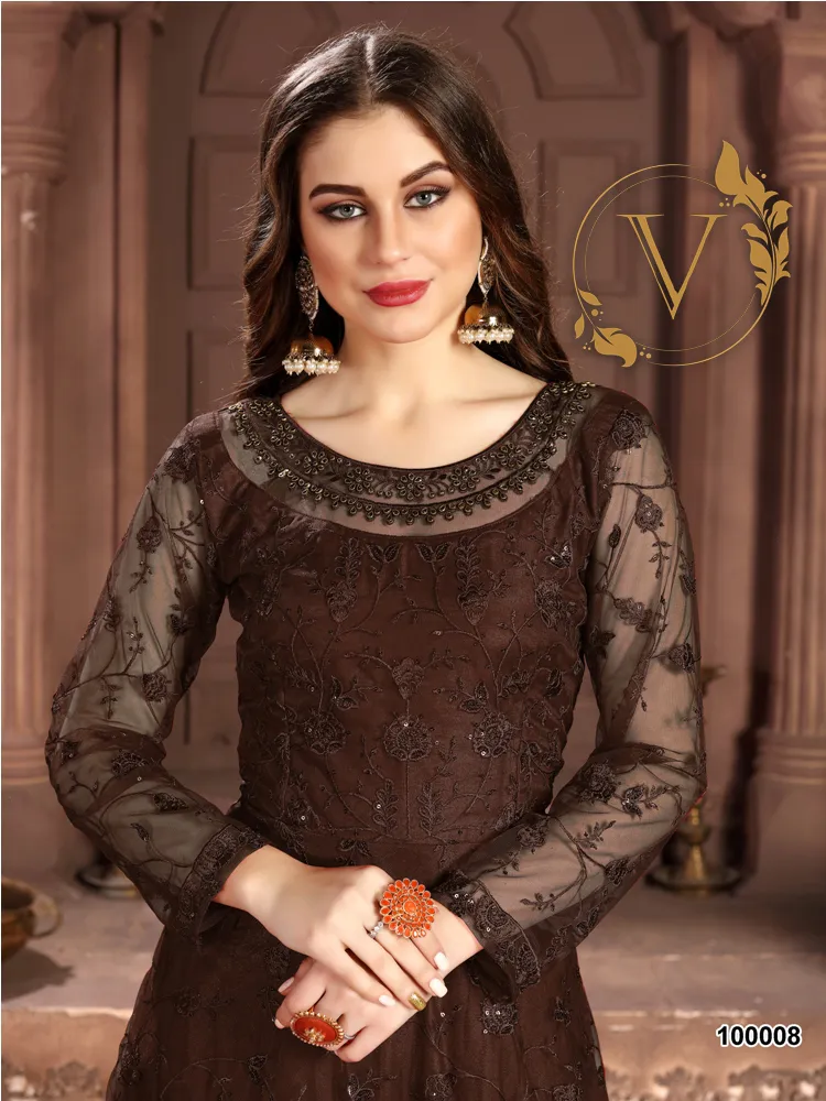 Embroidered Net Abaya Style Suit in Brown