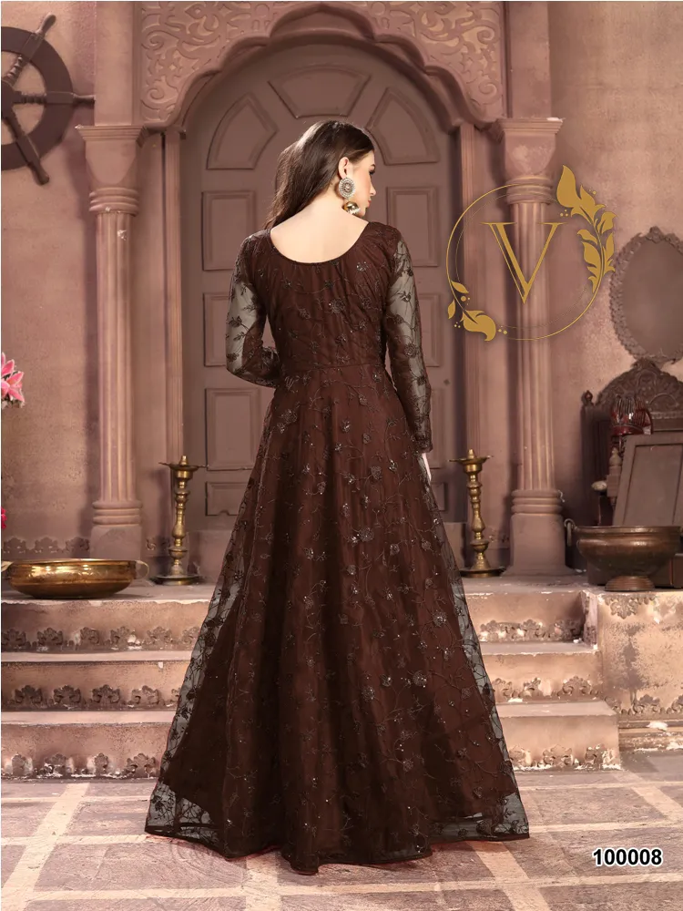 Embroidered Net Abaya Style Suit in Brown