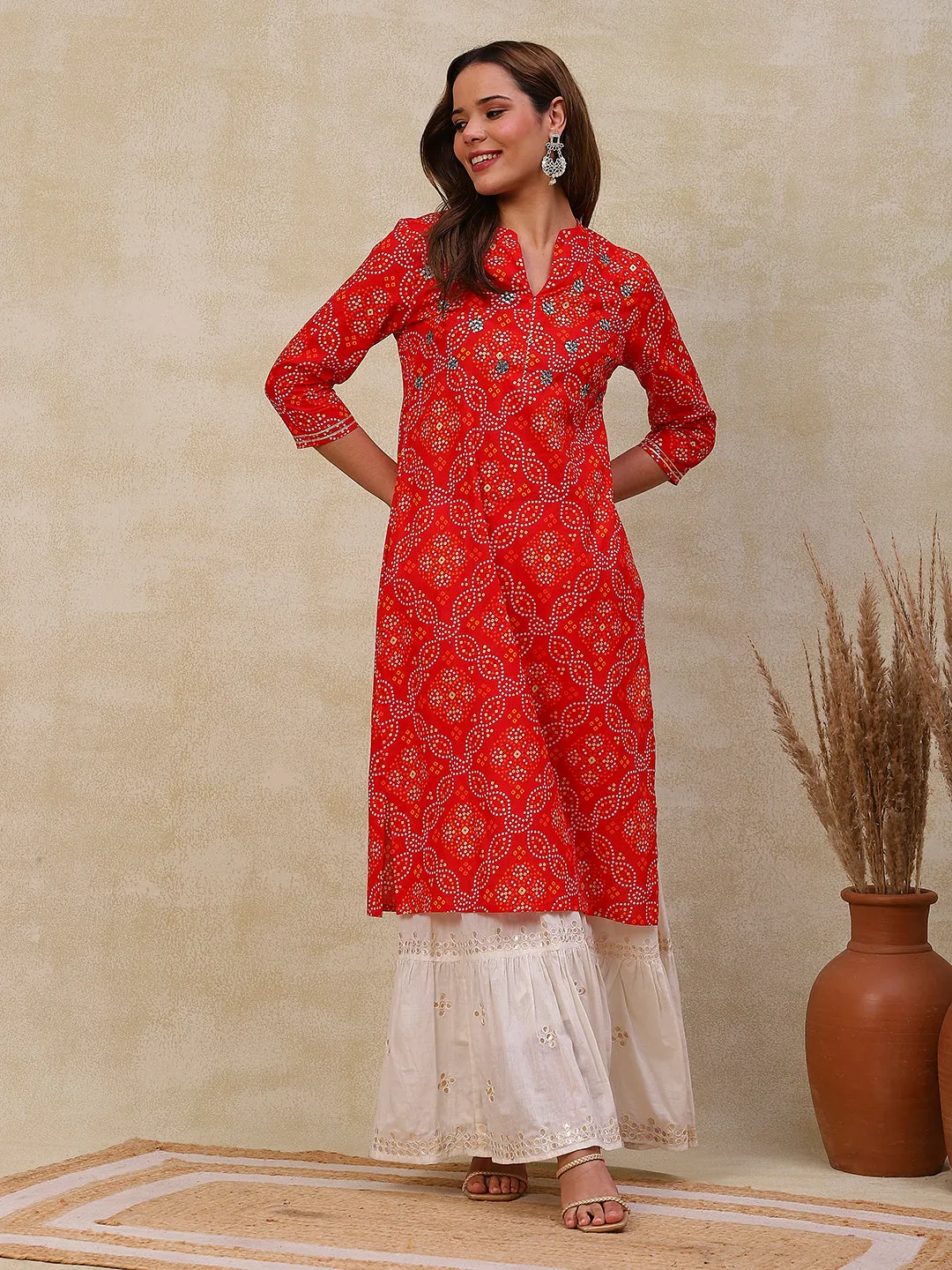 Ethnic Bandhani Printed Mirror & Cutdana Embroidered Kurta - Red