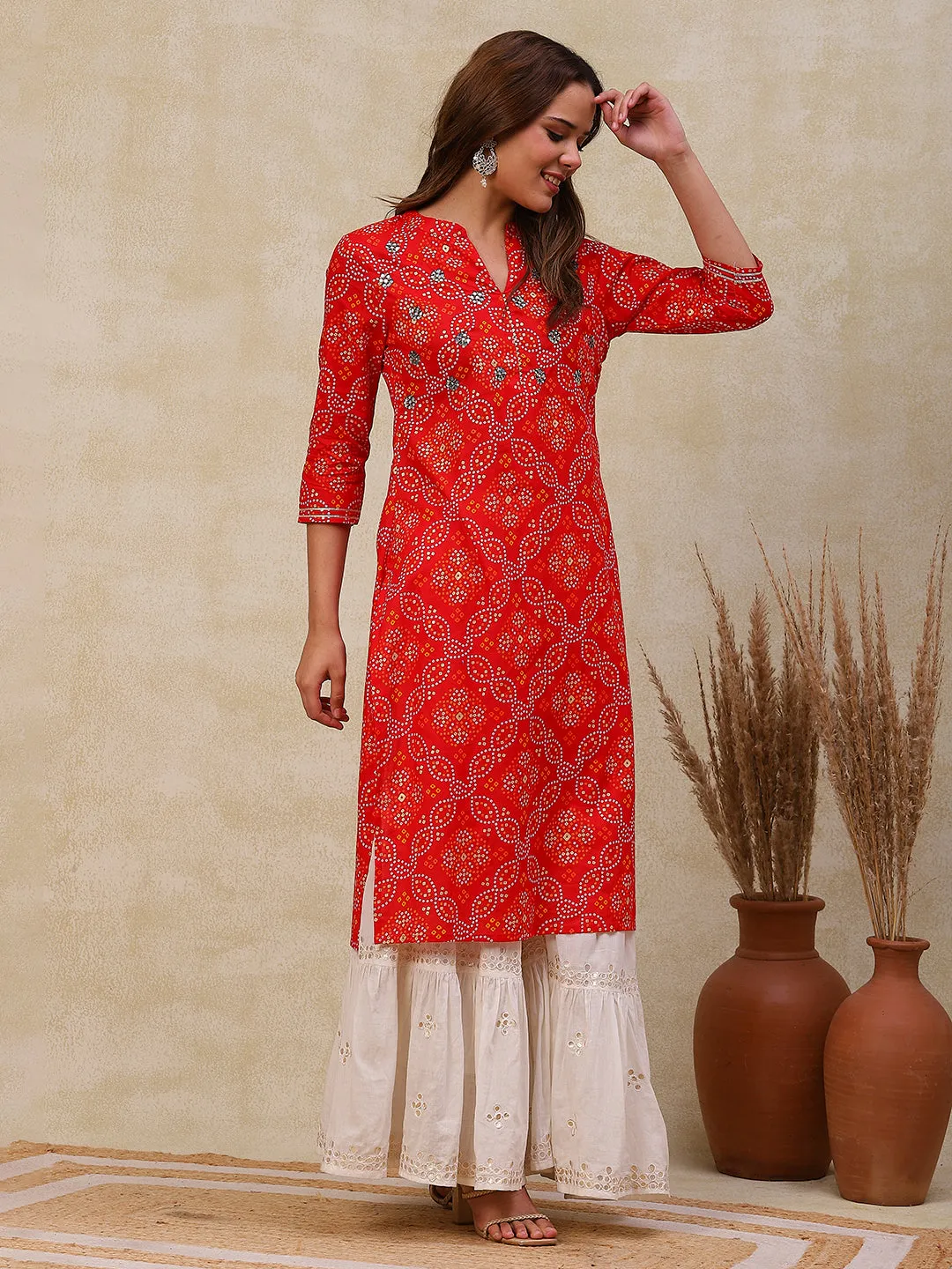 Ethnic Bandhani Printed Mirror & Cutdana Embroidered Kurta - Red