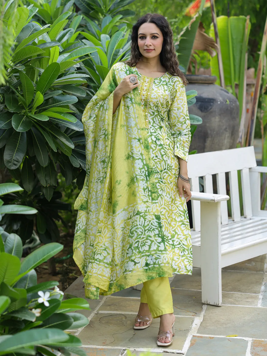 Ethnic Dabu printed & Embroidered Straight Kurta with Pant & Dupatta - Yellow