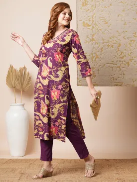 Ethnic Floral Printed & Embroidered Straight Fit Kurta with Pant - Purple