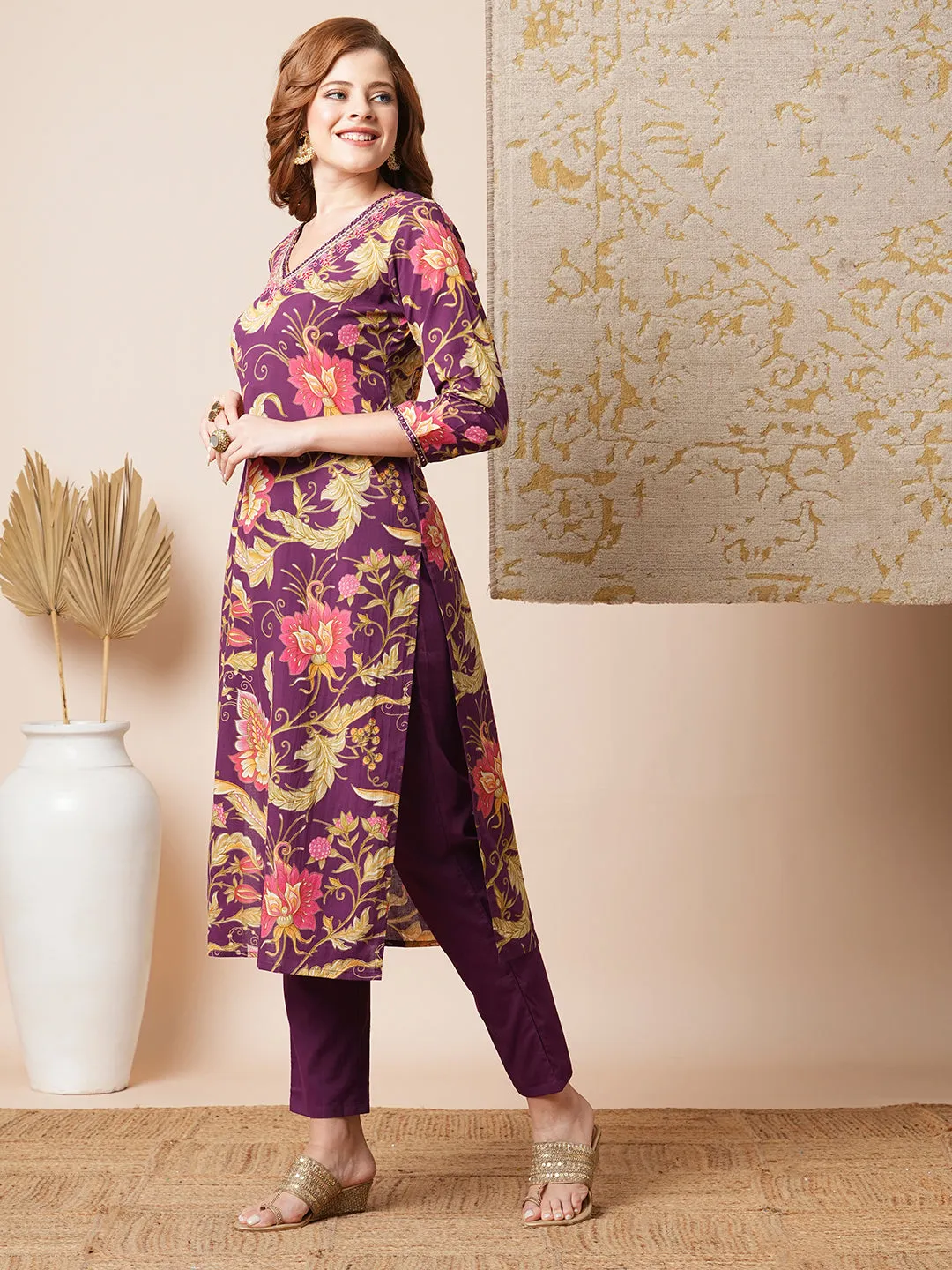 Ethnic Floral Printed & Embroidered Straight Fit Kurta with Pant - Purple