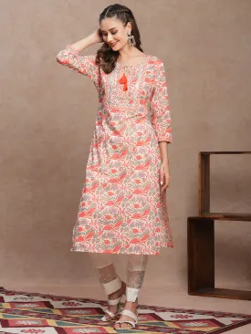 Ethnic Floral Printed & Mirror Embroidered Straight Fit Kurta - Off White