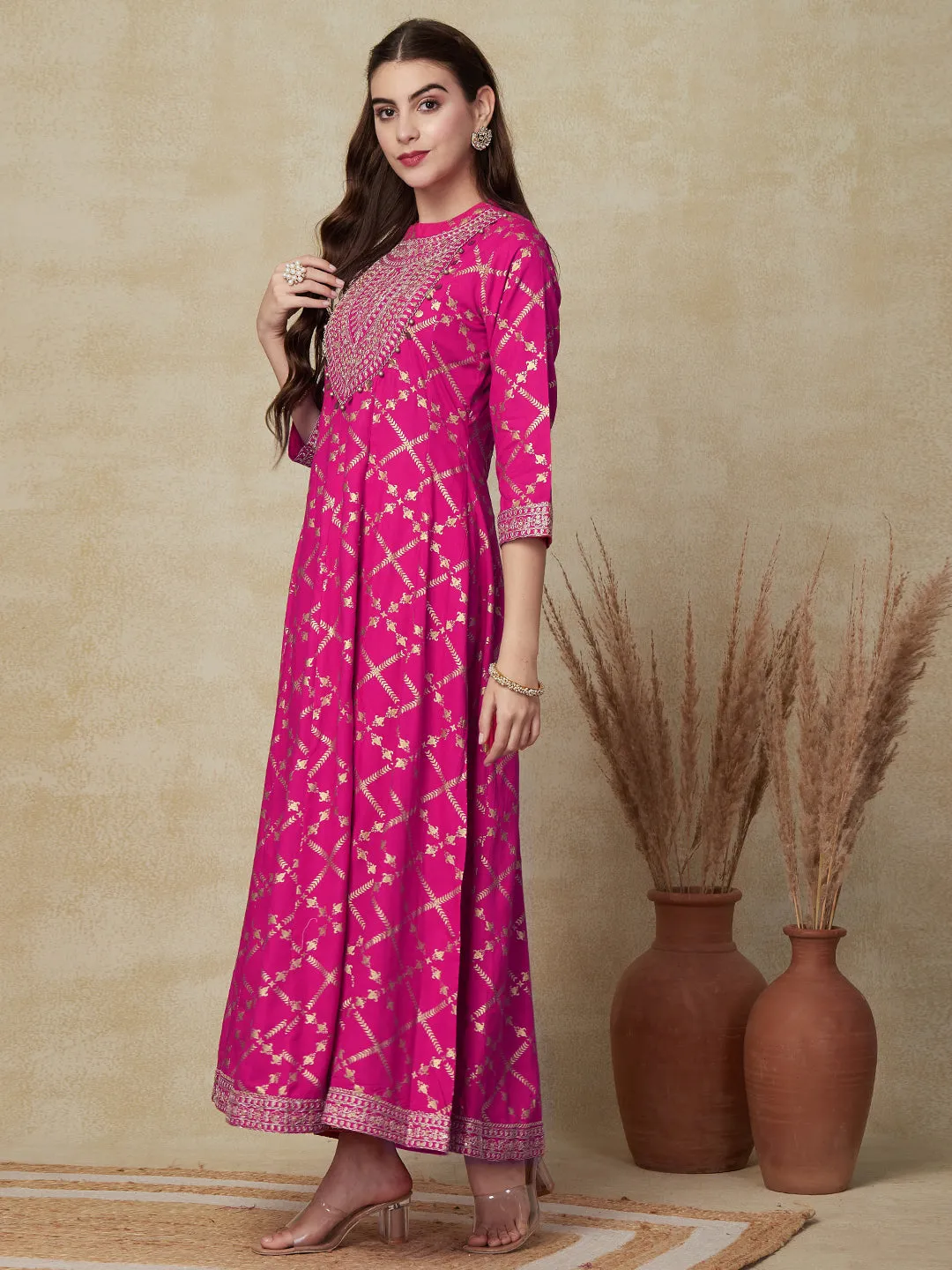 Ethnic Foil Printed Mirror & Zari Embroidered Anarkali Kurta with Pants - Pink