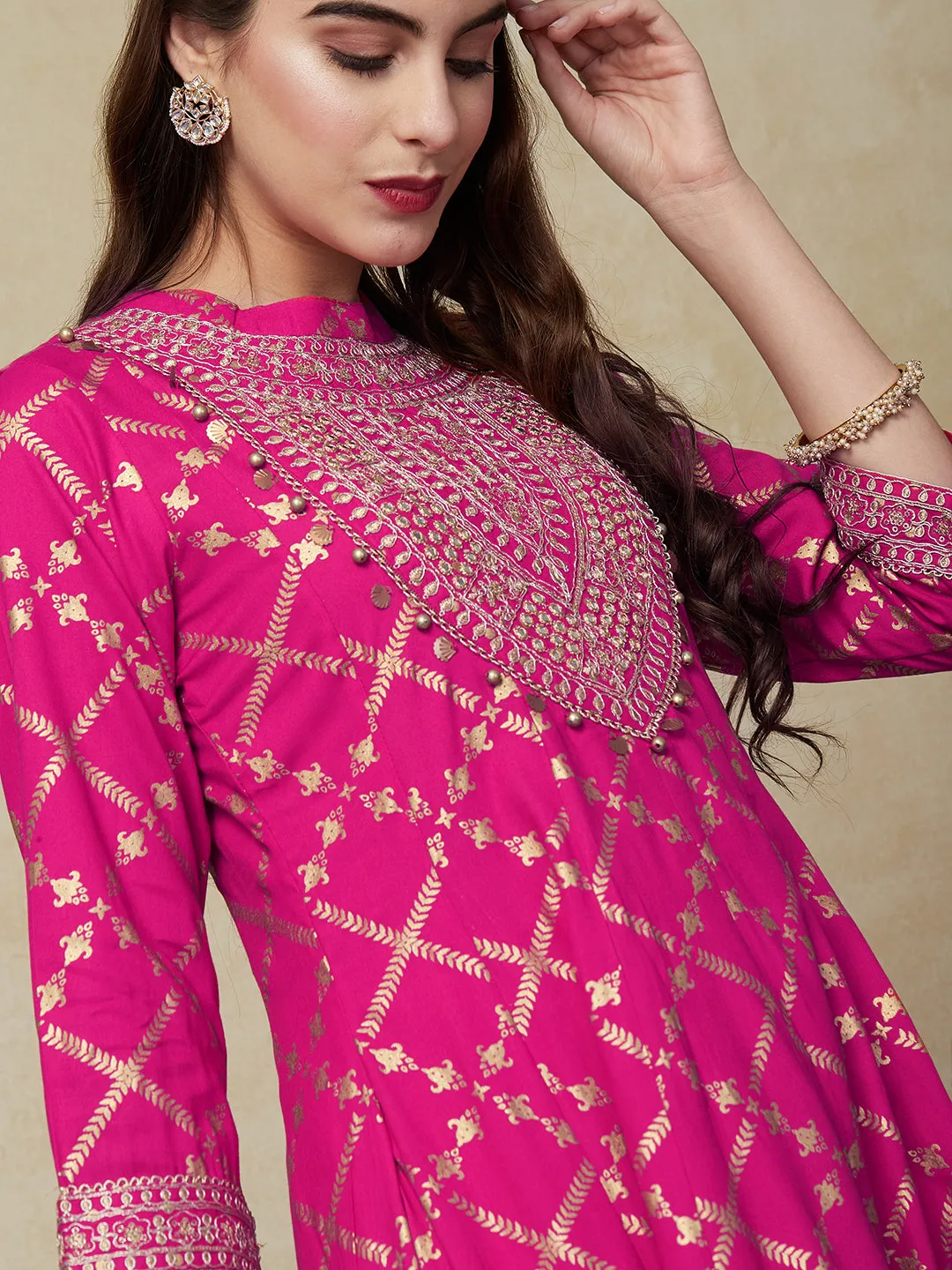 Ethnic Foil Printed Mirror & Zari Embroidered Anarkali Kurta with Pants - Pink