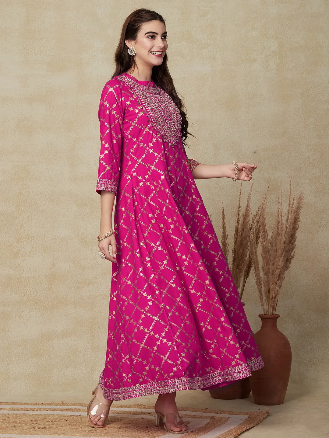 Ethnic Foil Printed Mirror & Zari Embroidered Anarkali Kurta with Pants - Pink