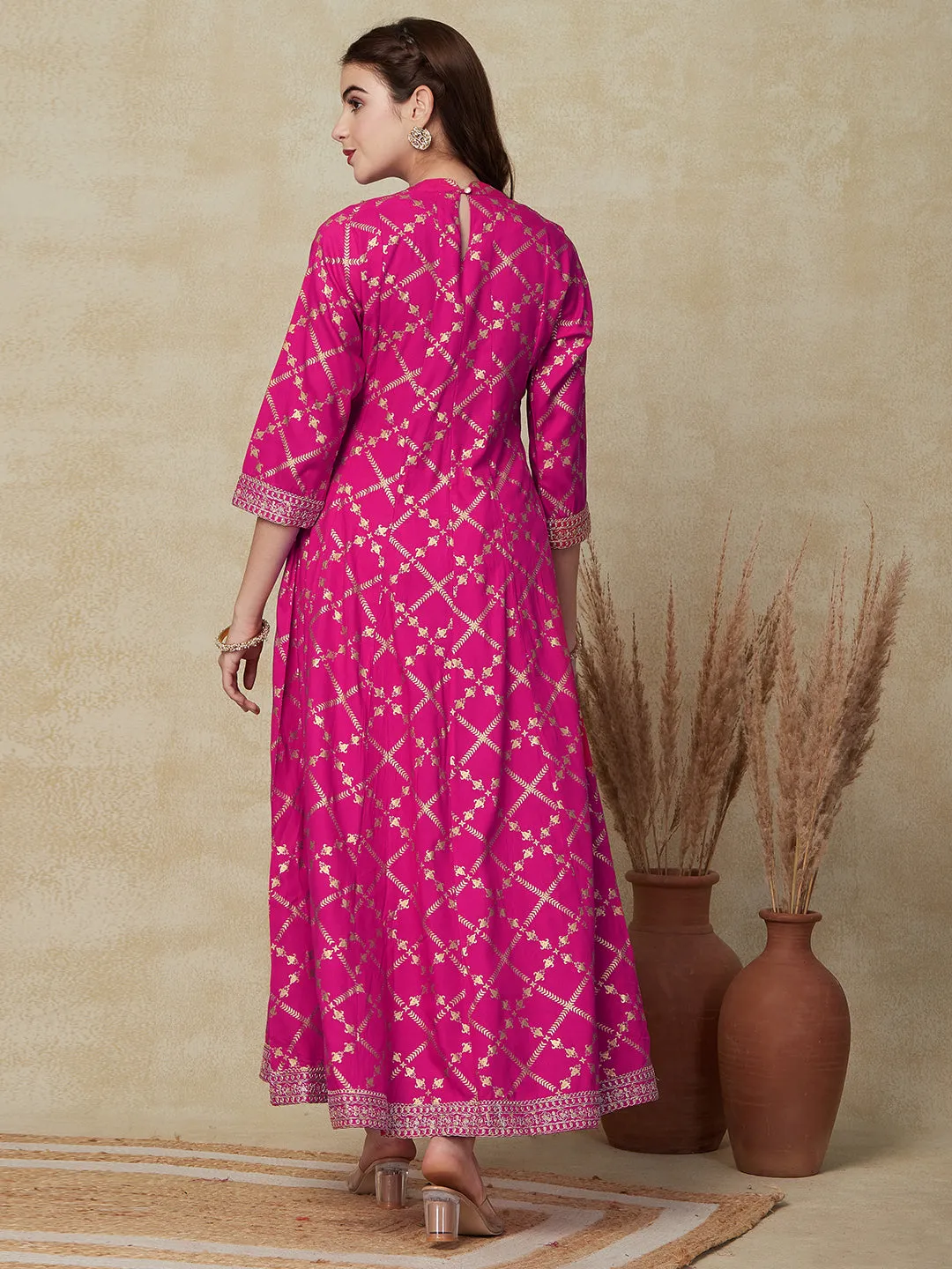 Ethnic Foil Printed Mirror & Zari Embroidered Anarkali Kurta with Pants - Pink