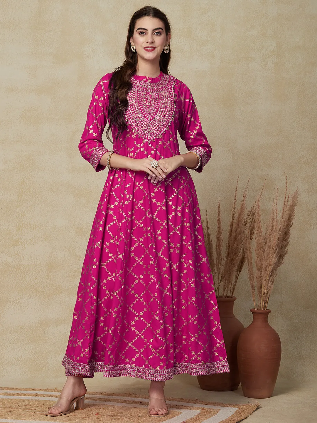 Ethnic Foil Printed Mirror & Zari Embroidered Anarkali Kurta with Pants - Pink