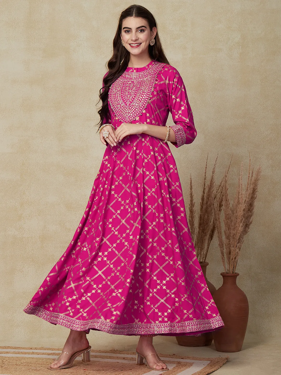 Ethnic Foil Printed Mirror & Zari Embroidered Anarkali Kurta with Pants - Pink