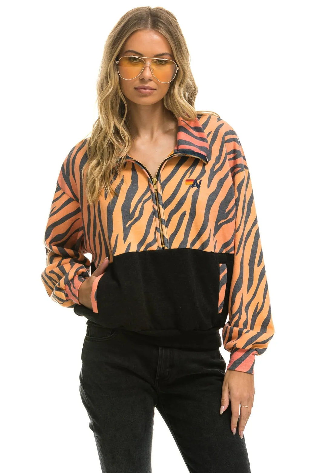 FLEECE UNISEX HALF ZIP COLOR BLOCK JACKET - TIGER