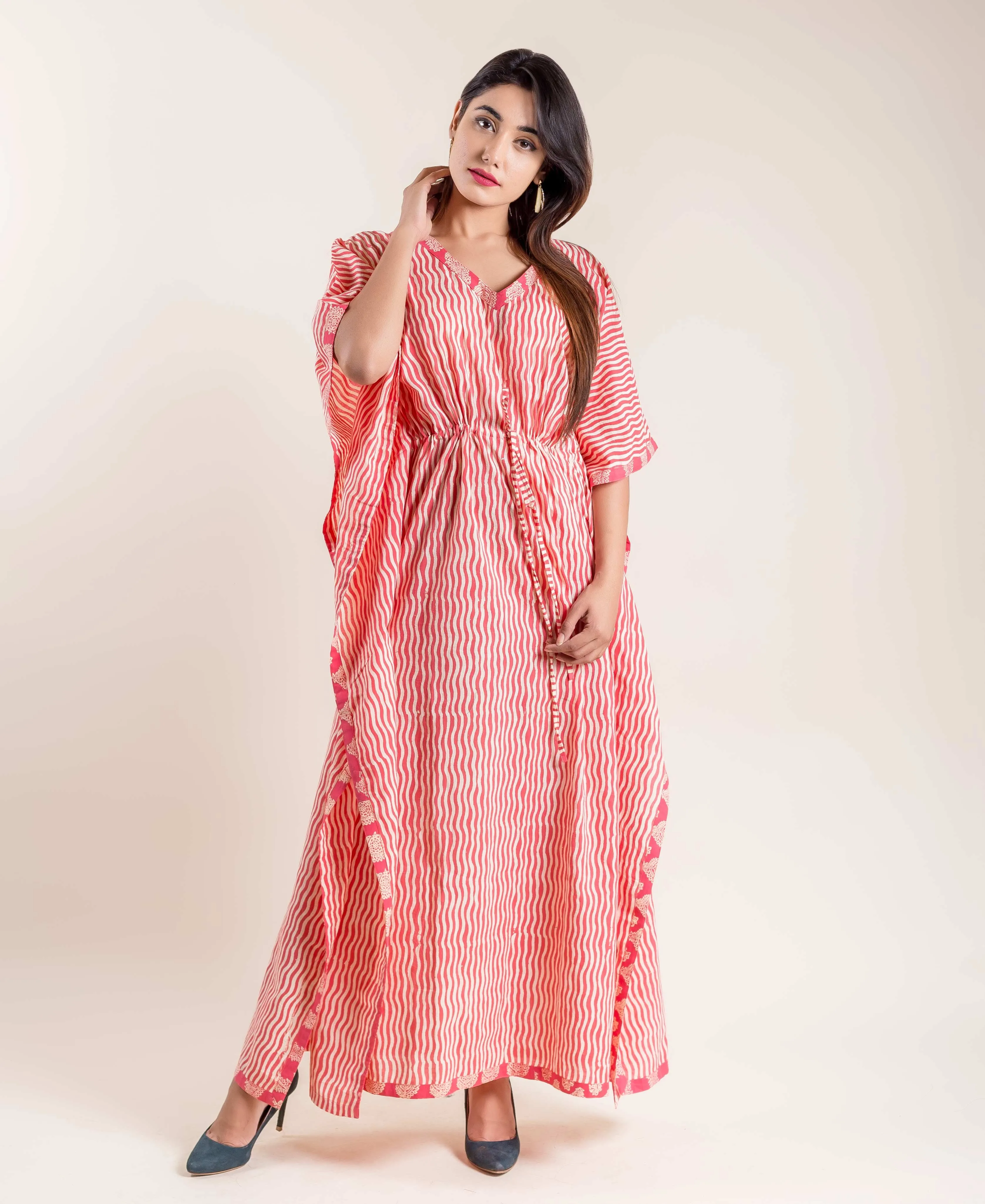 Fuchsia Floral Hand Block Printed Tie-Up Kaftan