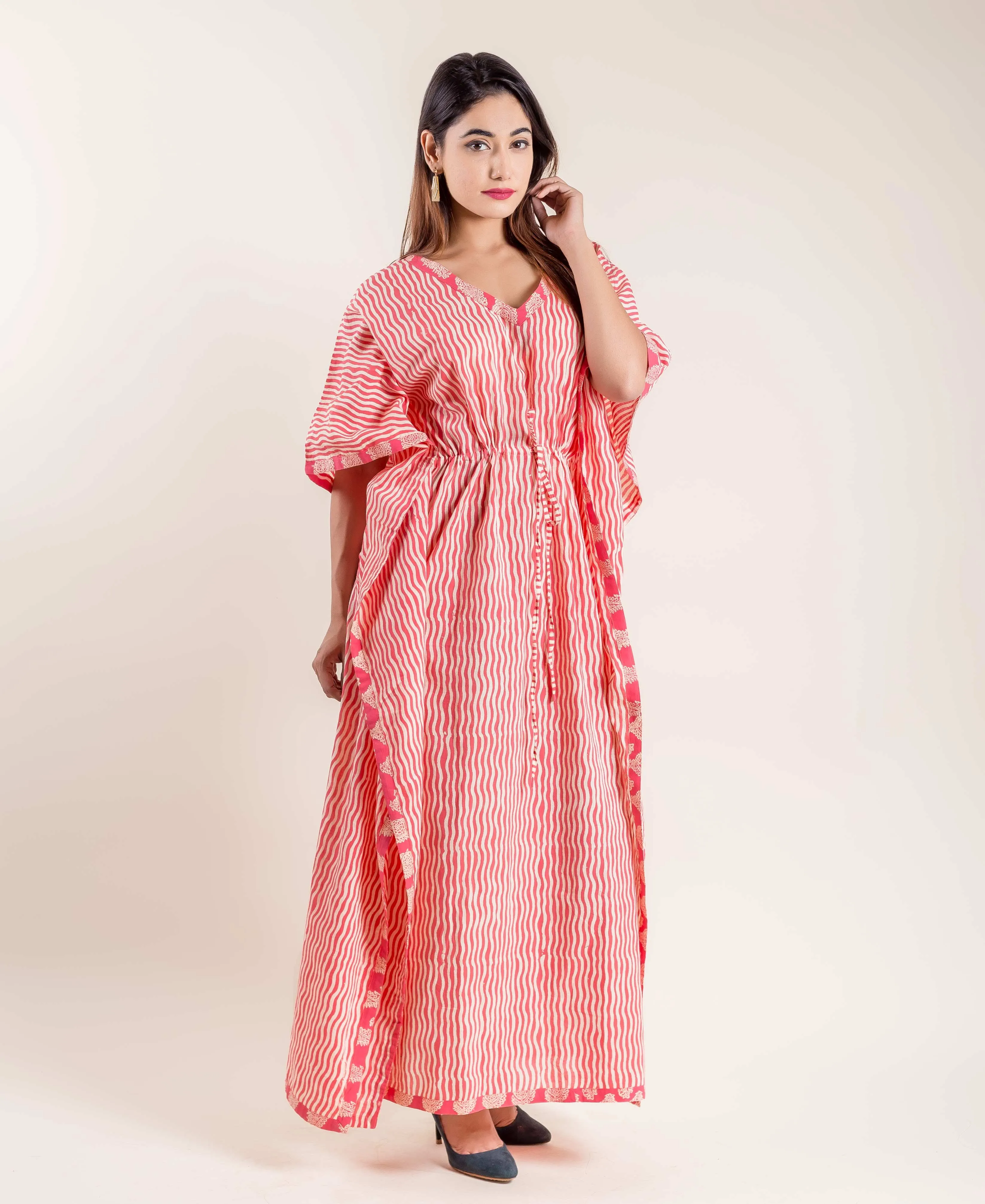 Fuchsia Floral Hand Block Printed Tie-Up Kaftan