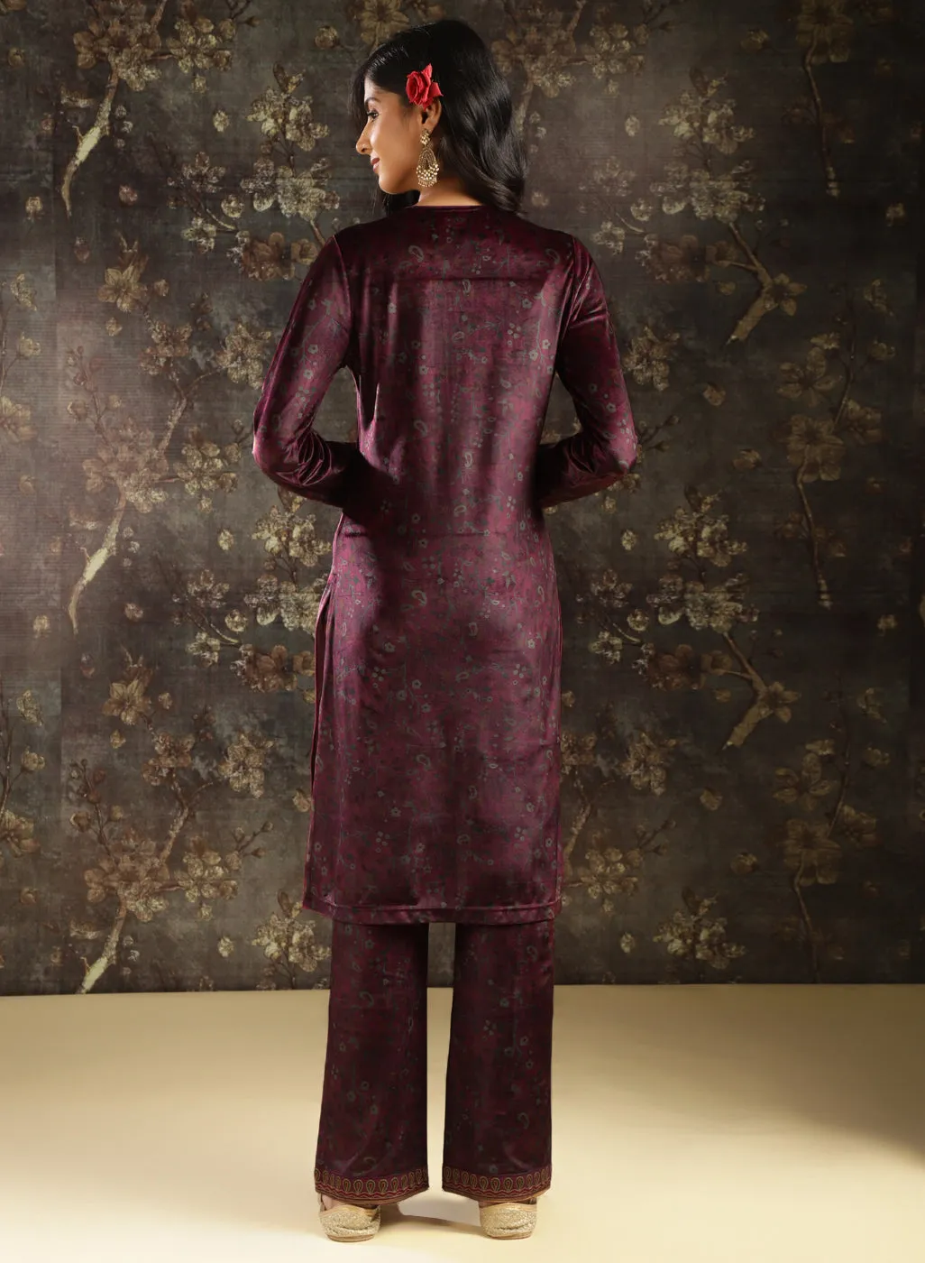 Fuchsia Printed Velvet Kurta Set with Brass Work and Zari Work