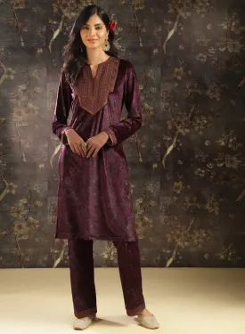 Fuchsia Printed Velvet Kurta Set with Brass Work and Zari Work