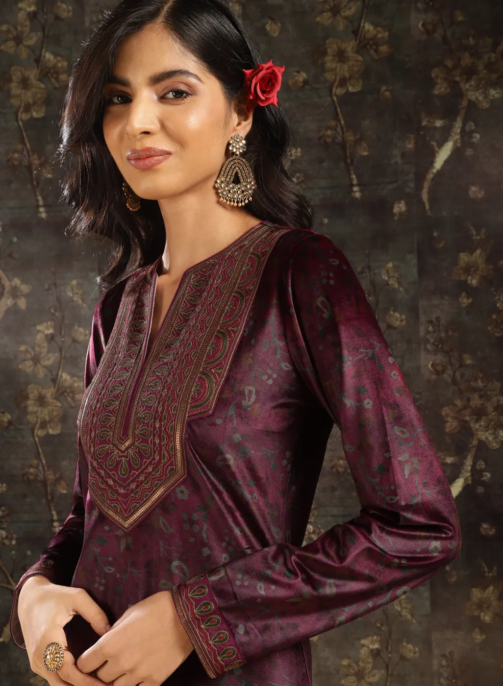 Fuchsia Printed Velvet Kurta Set with Brass Work and Zari Work