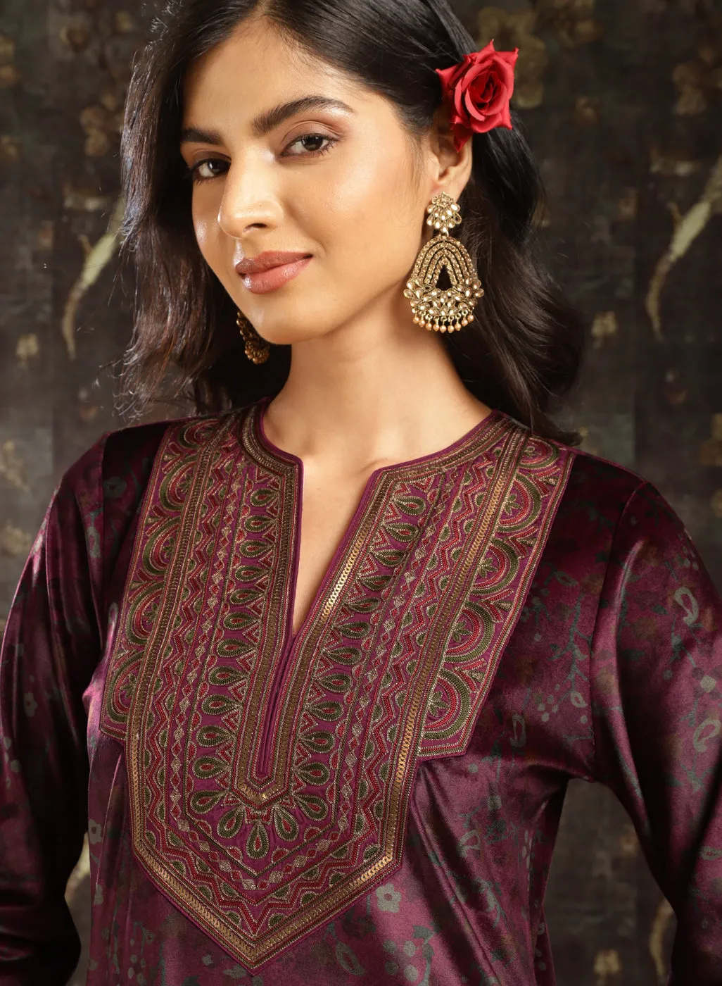 Fuchsia Printed Velvet Kurta Set with Brass Work and Zari Work