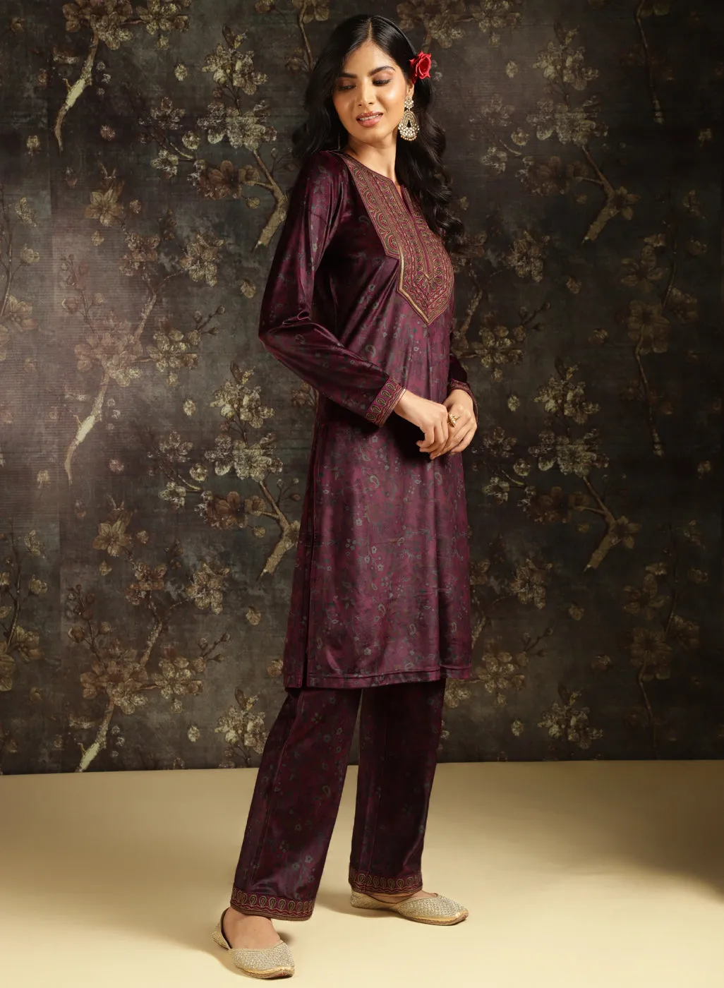 Fuchsia Printed Velvet Kurta Set with Brass Work and Zari Work