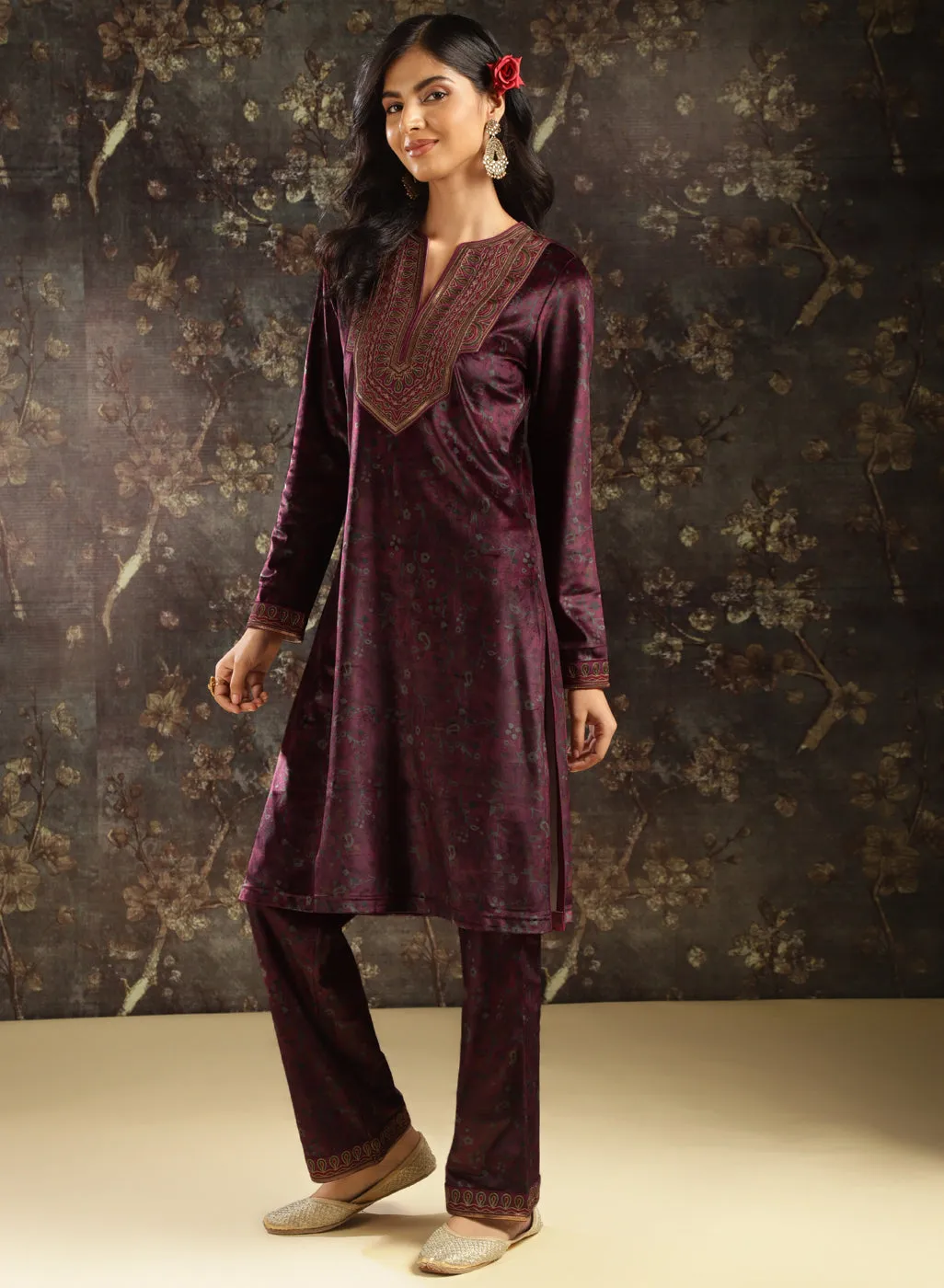 Fuchsia Printed Velvet Kurta Set with Brass Work and Zari Work