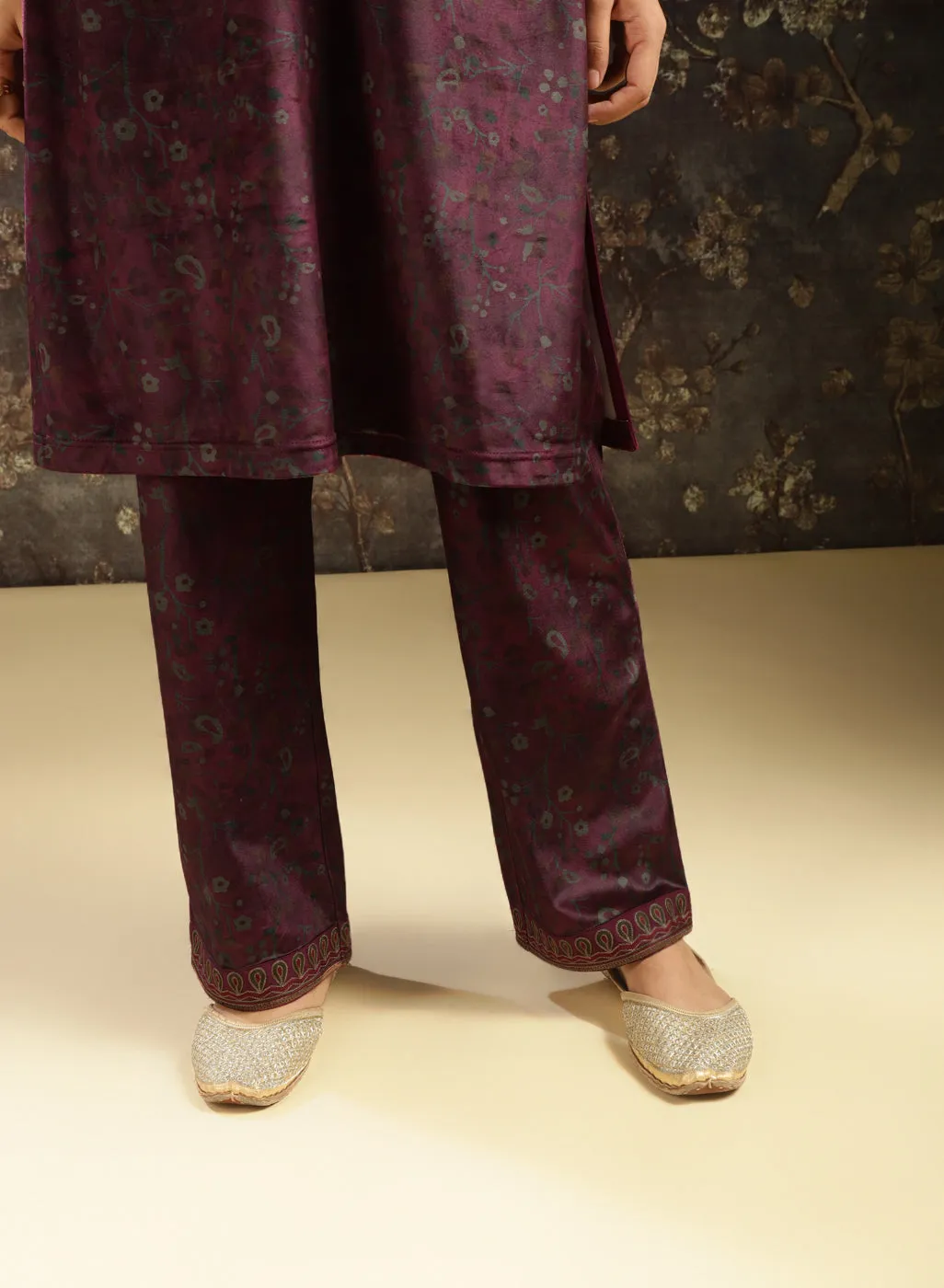 Fuchsia Printed Velvet Kurta Set with Brass Work and Zari Work