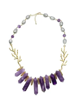 Gray Freshwater Pearls With Amethyst Statement Necklace CN014