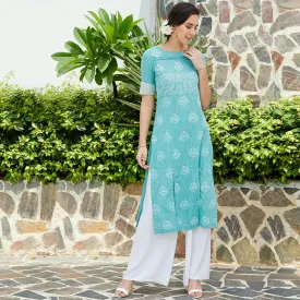 Green Pintucks Printed Chambray Kurta