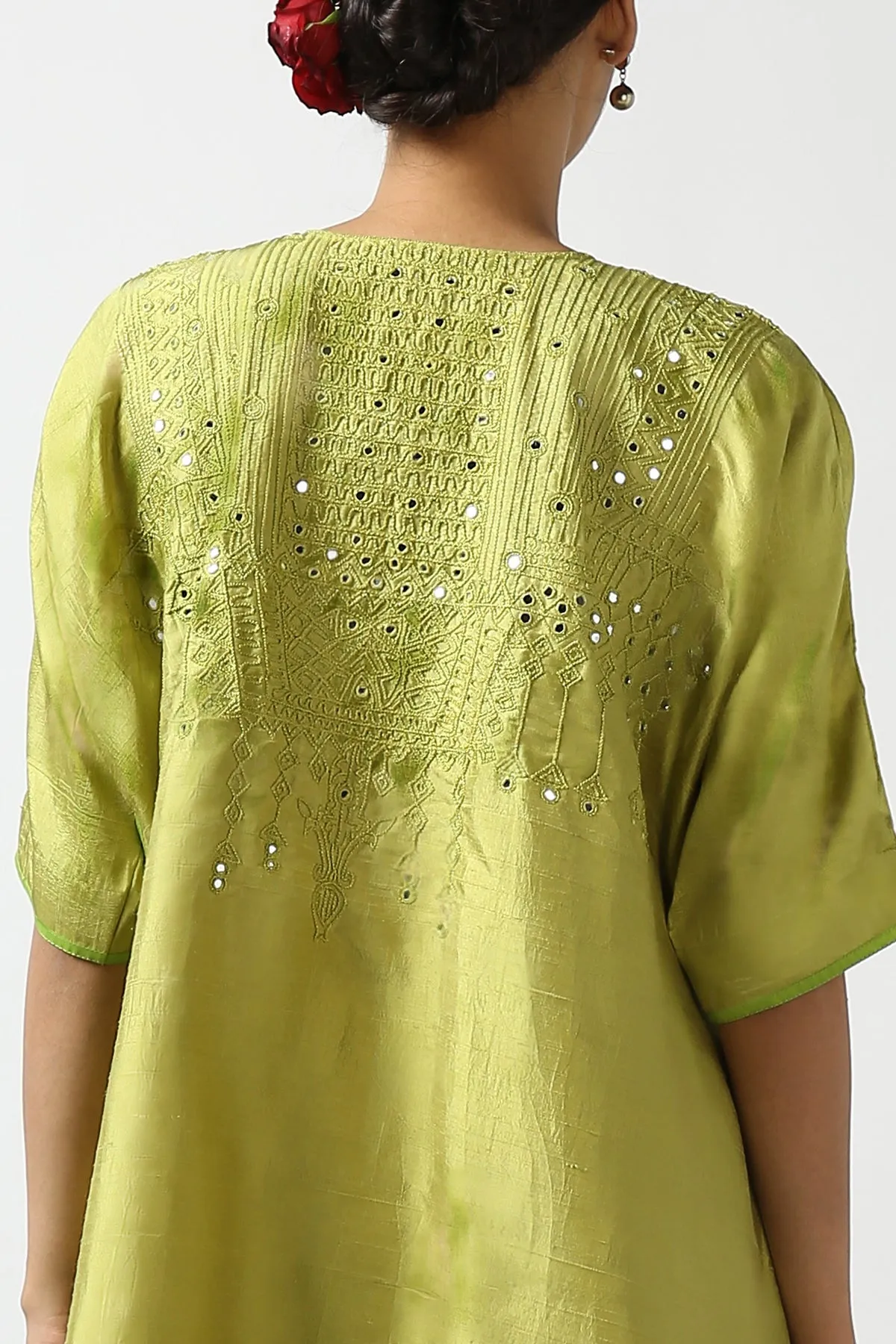 Green Raw Silk Top with Mirror Work Yoke. Tussar Pant or M. Giri Pant.