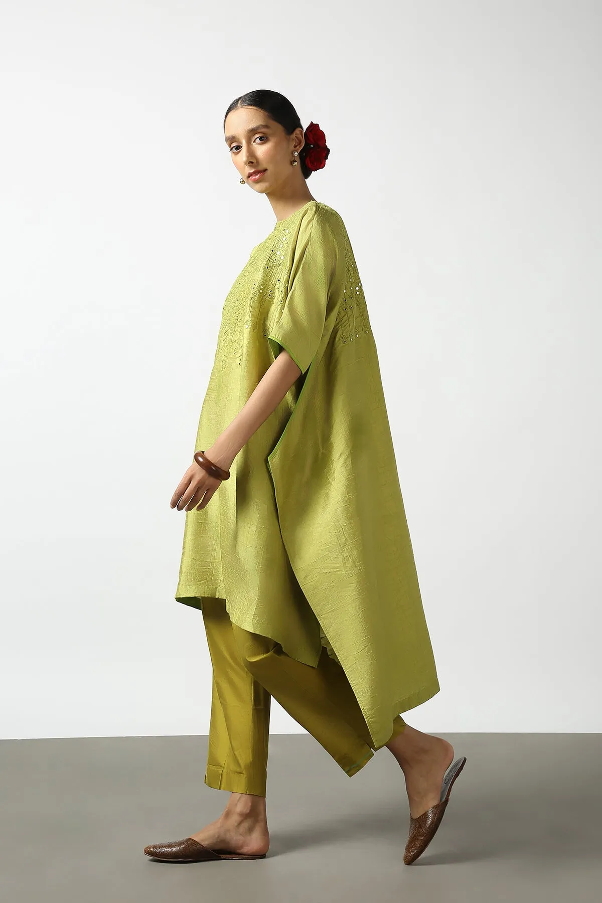 Green Raw Silk Top with Mirror Work Yoke. Tussar Pant or M. Giri Pant.