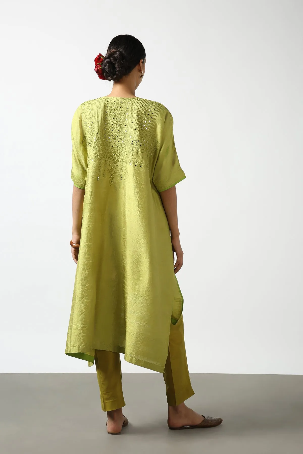 Green Raw Silk Top with Mirror Work Yoke. Tussar Pant or M. Giri Pant.