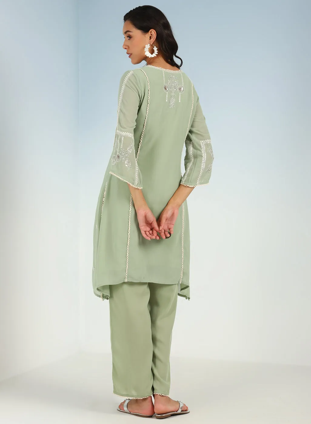 Green Sequined Kurta Set with Flared Asymmetric Hem