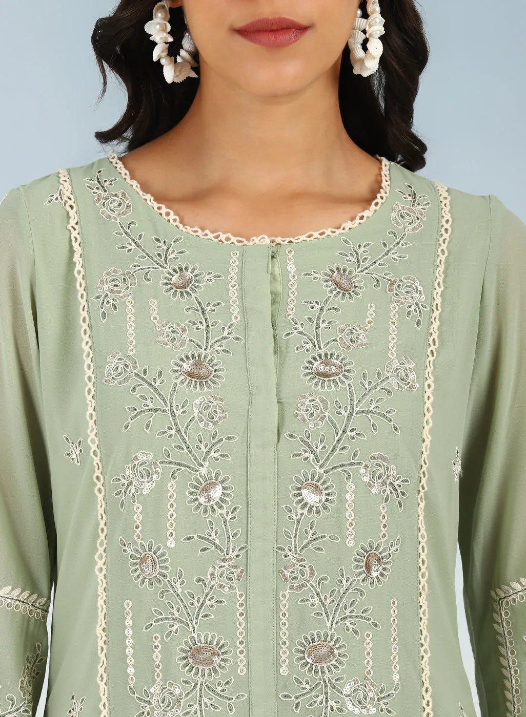 Green Sequined Kurta Set with Flared Asymmetric Hem