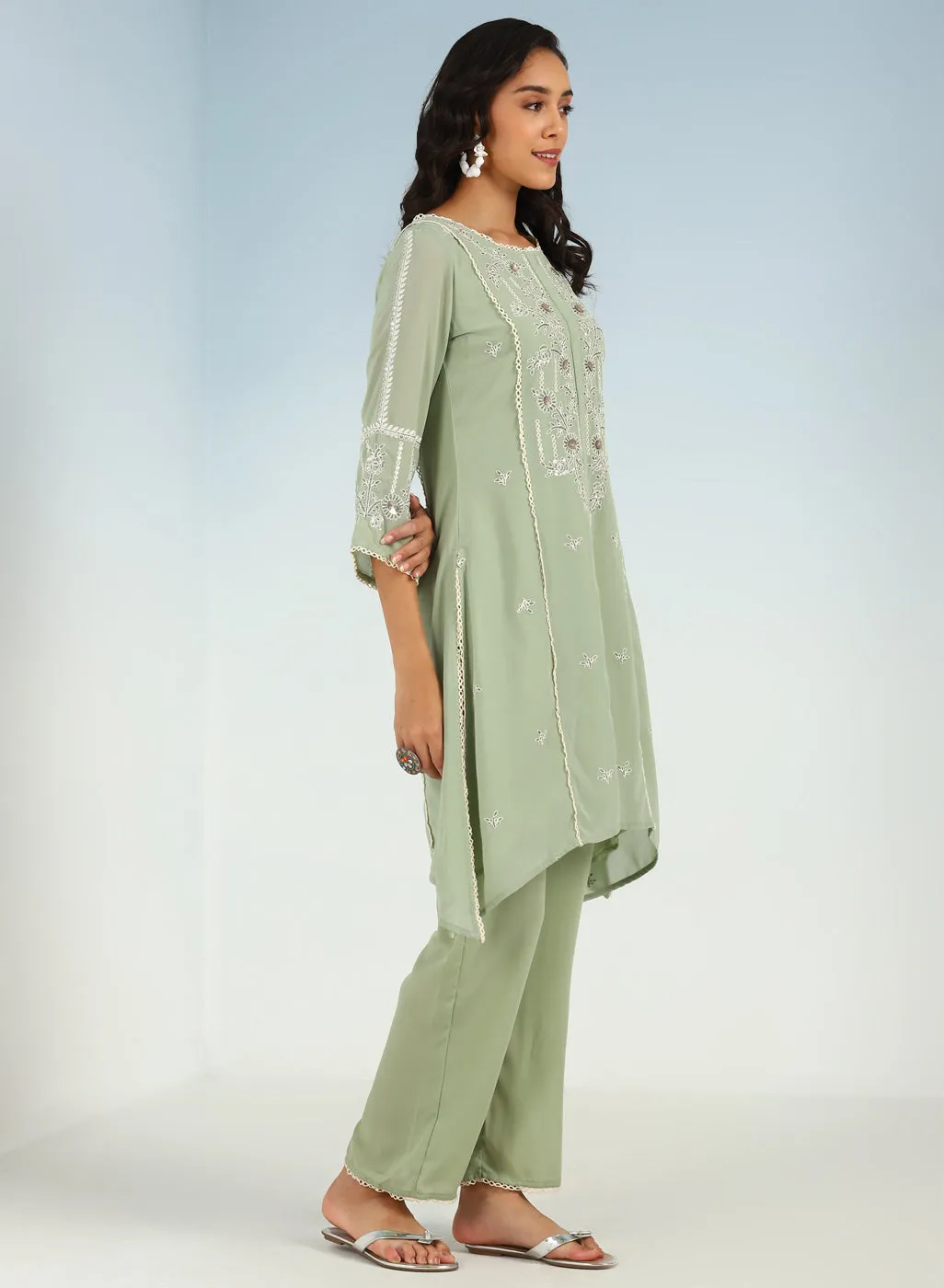 Green Sequined Kurta Set with Flared Asymmetric Hem