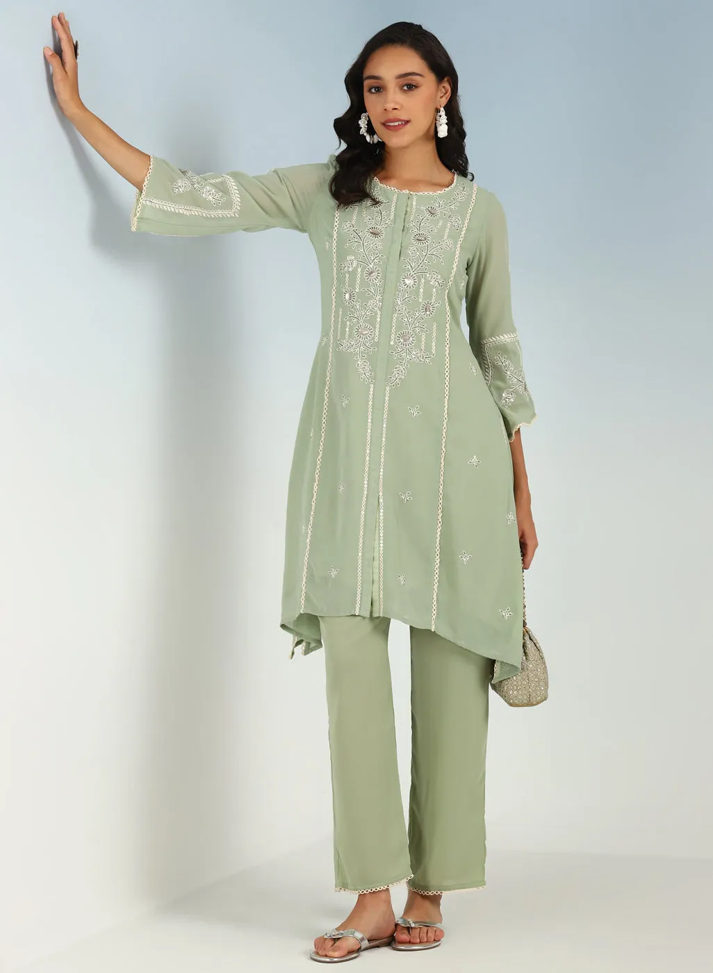 Green Sequined Kurta Set with Flared Asymmetric Hem