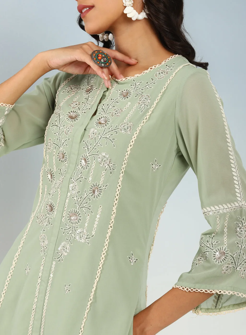 Green Sequined Kurta Set with Flared Asymmetric Hem