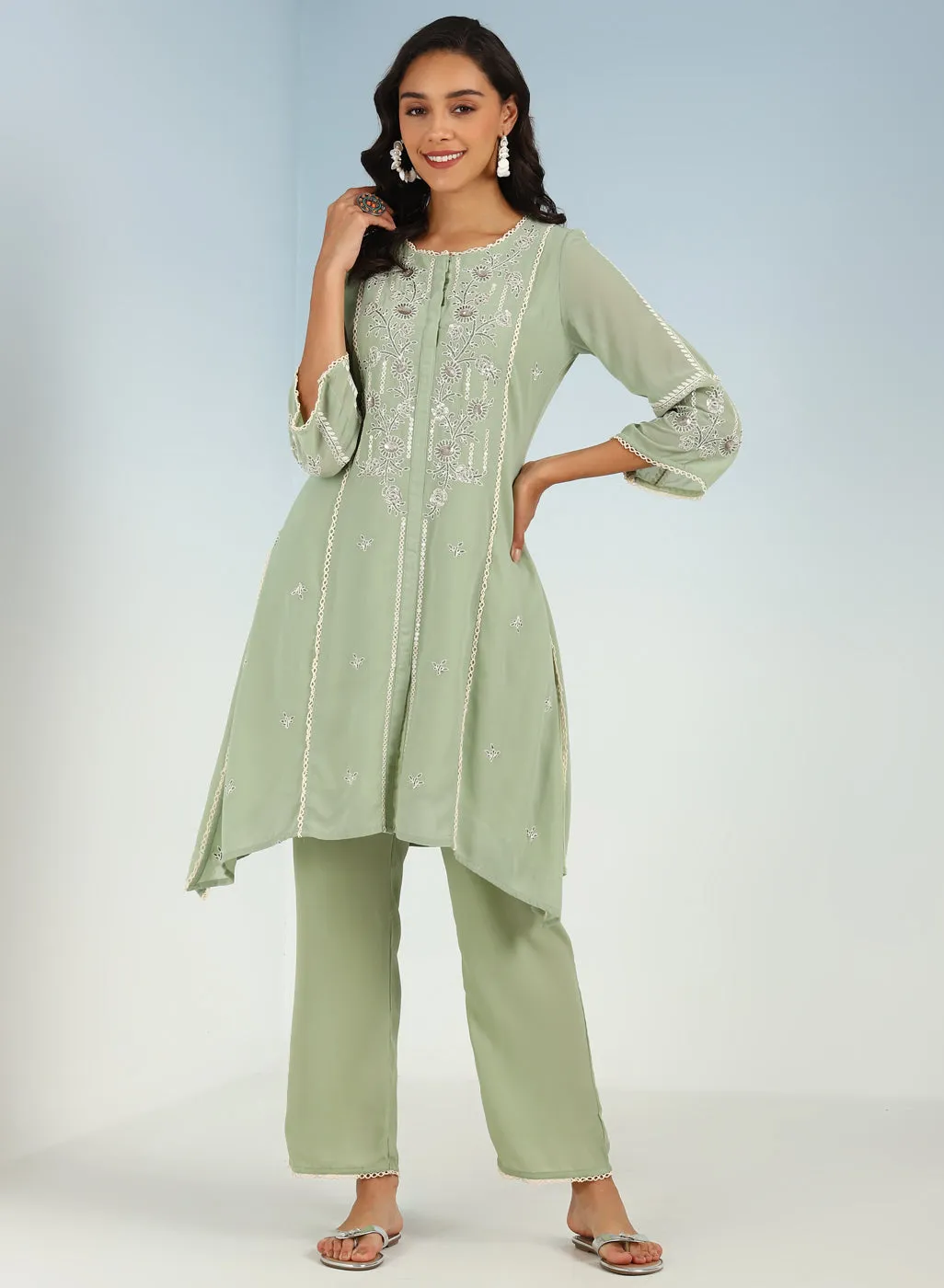 Green Sequined Kurta Set with Flared Asymmetric Hem