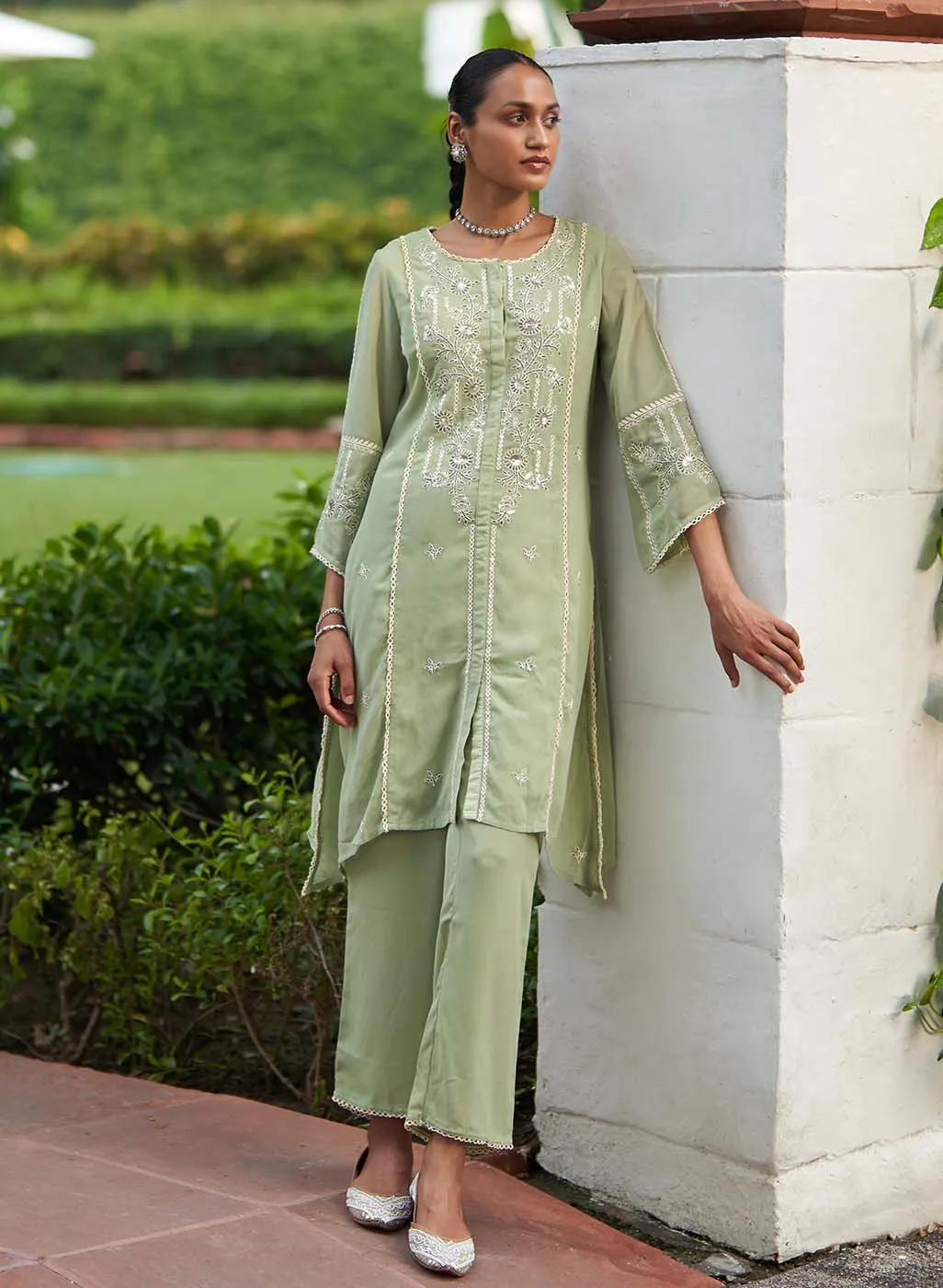 Green Sequined Kurta Set with Flared Asymmetric Hem