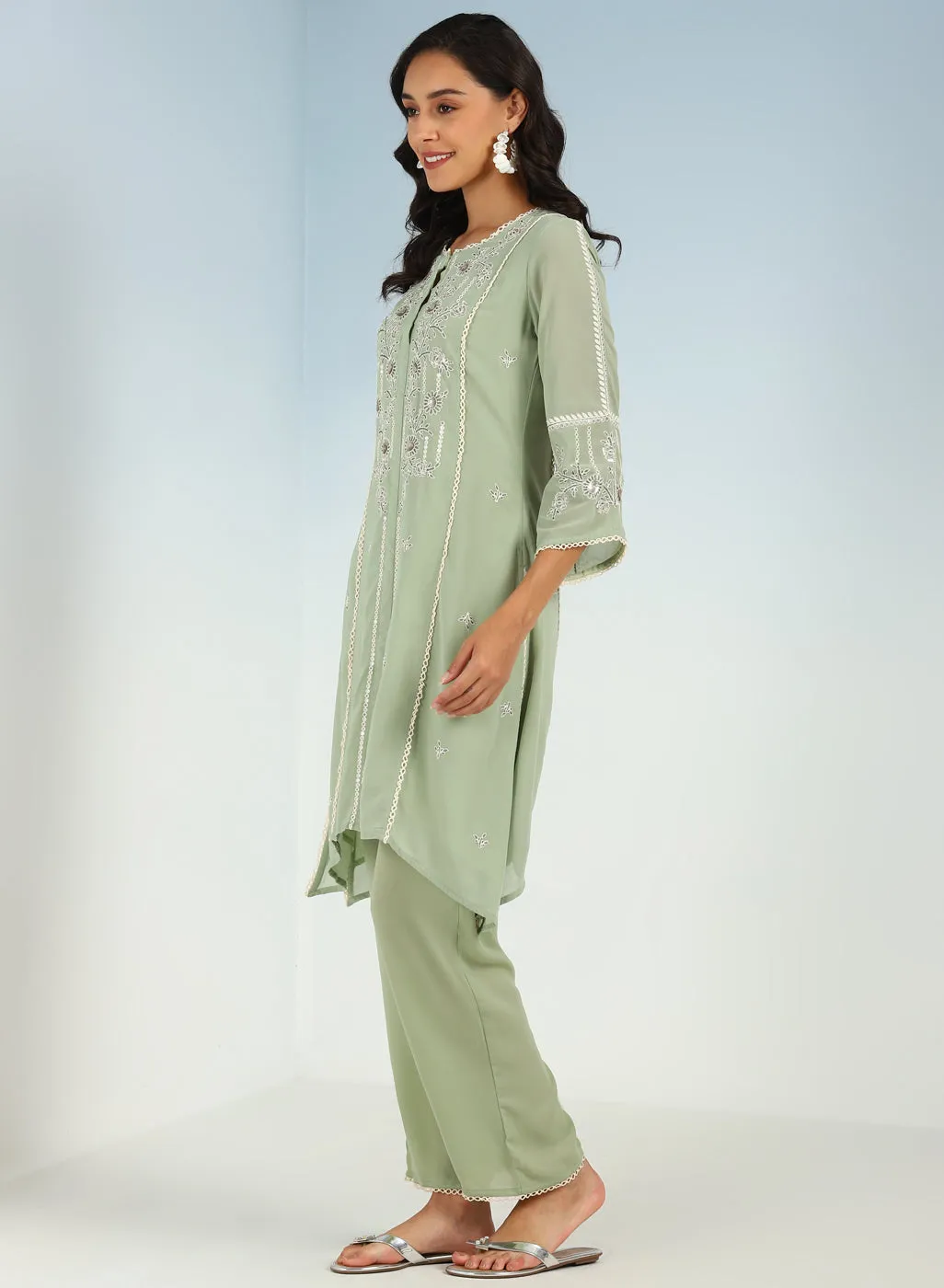 Green Sequined Kurta Set with Flared Asymmetric Hem