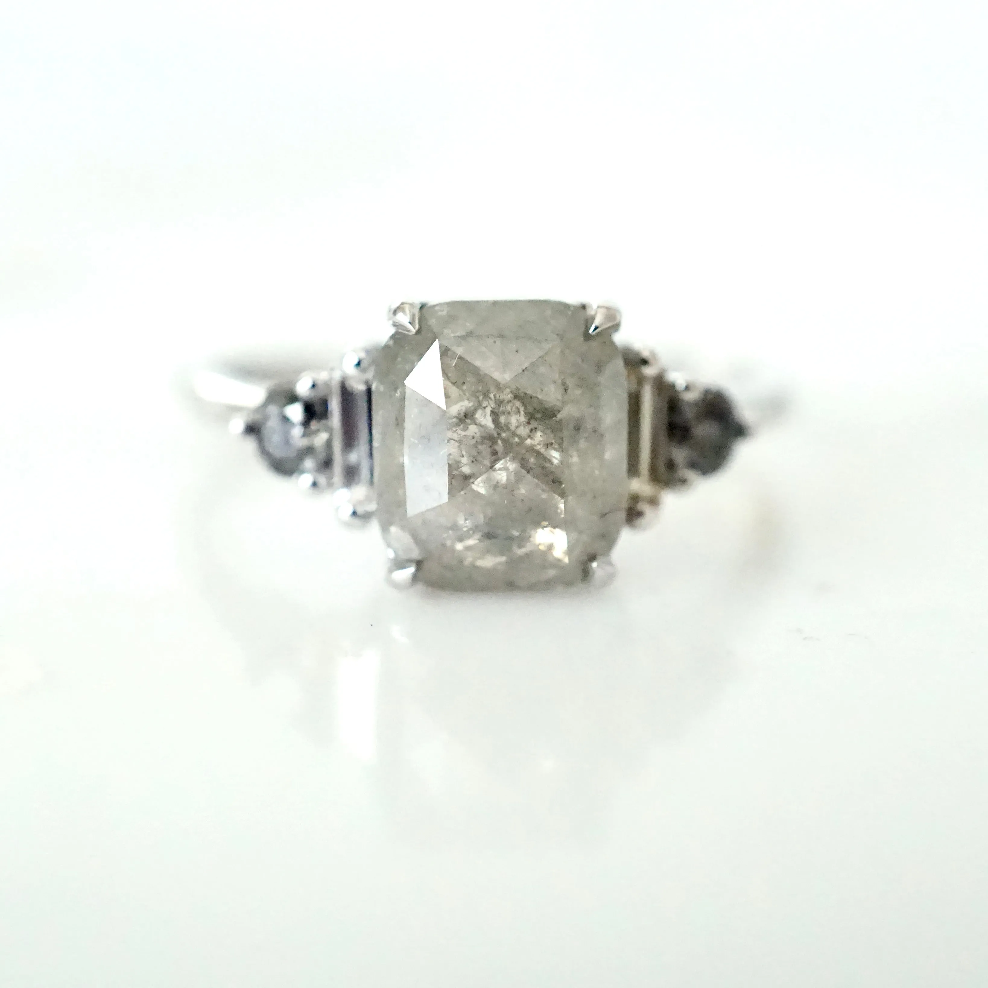 Grey Salt and Pepper Diamond Ring 14k White Gold - Grey Cushion Diamond Ring