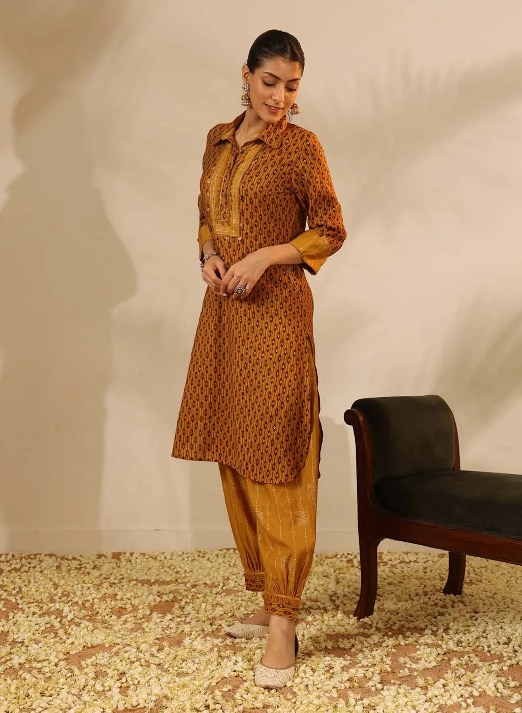 Honey Yellow Collared Straight Kurta