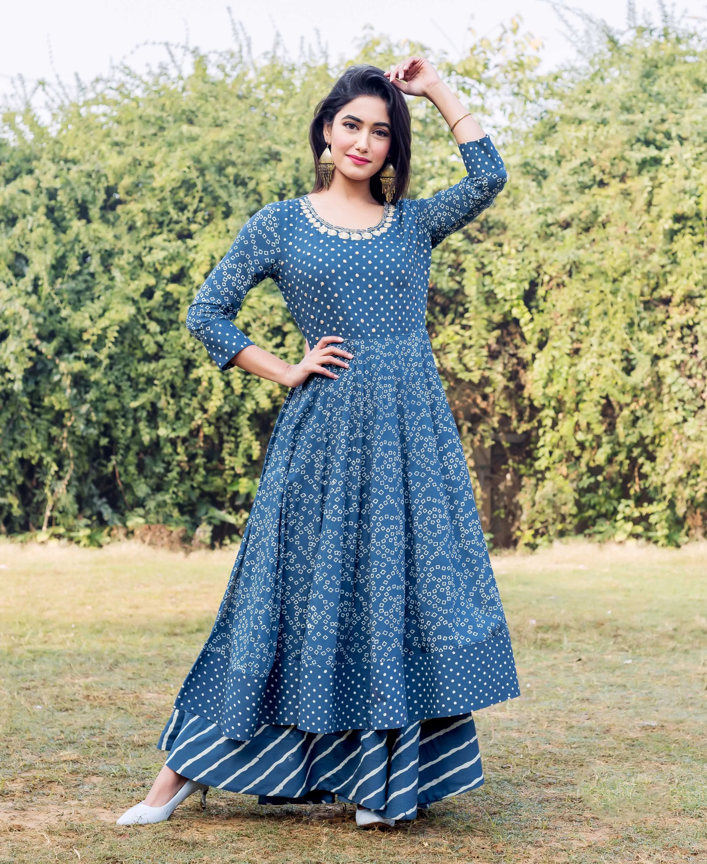 Indigo and White Printed Embroidered Layered Dress