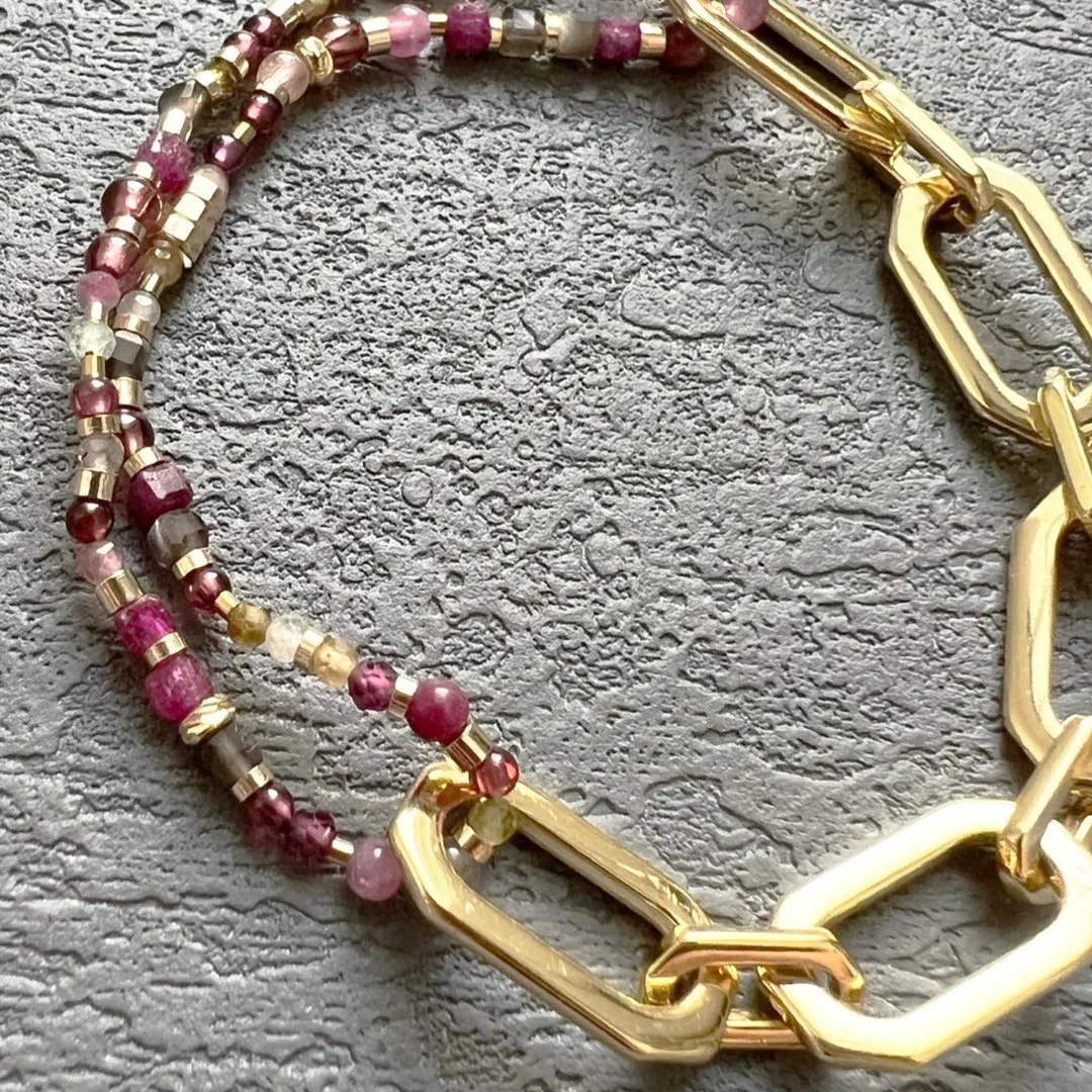 Jade Vine Natural stones fine beads art deco chain bracelet (smoky fuchsia)