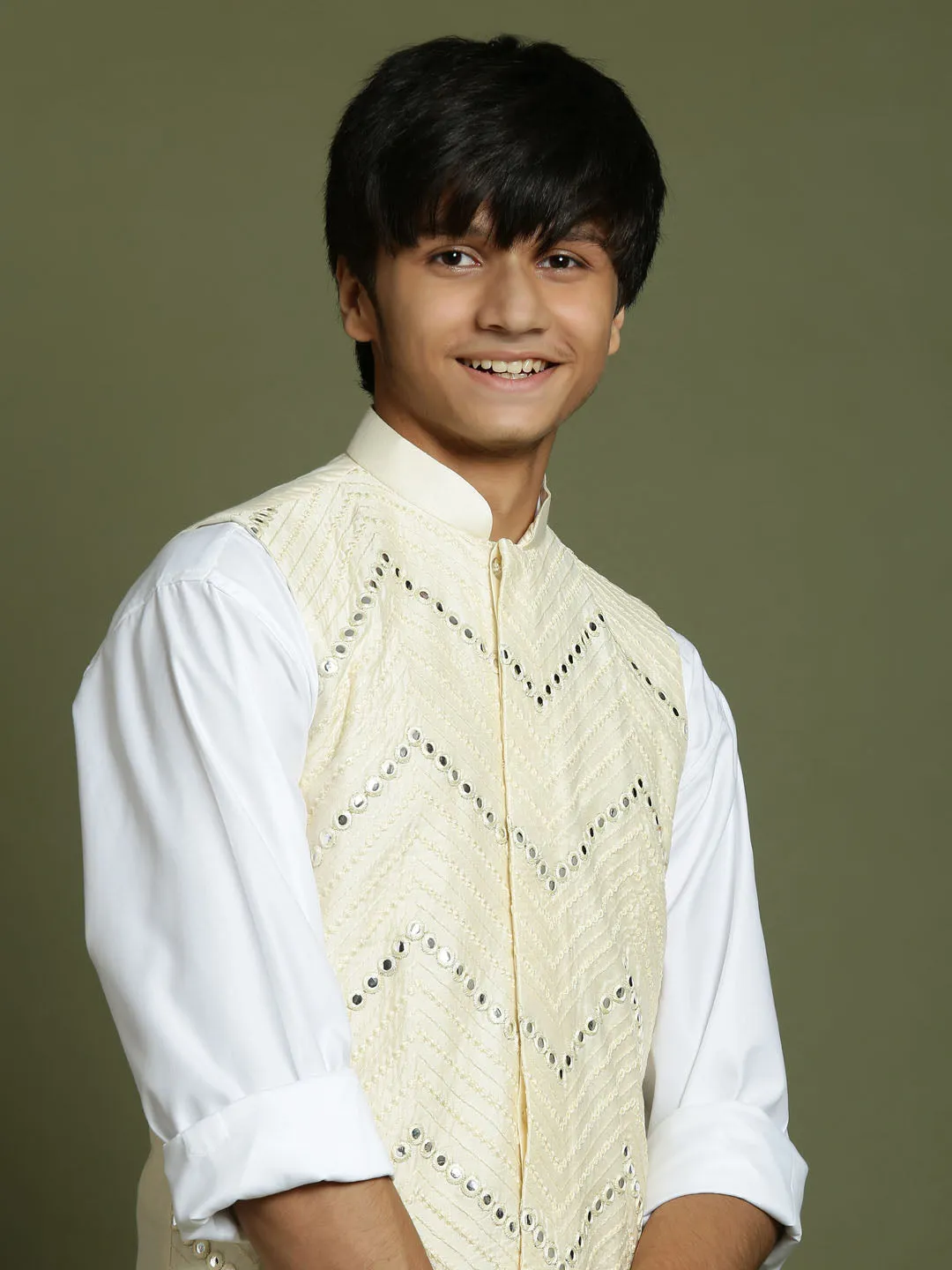 Jashvi Boys' Cream Mirror Work Ethnic Jacket