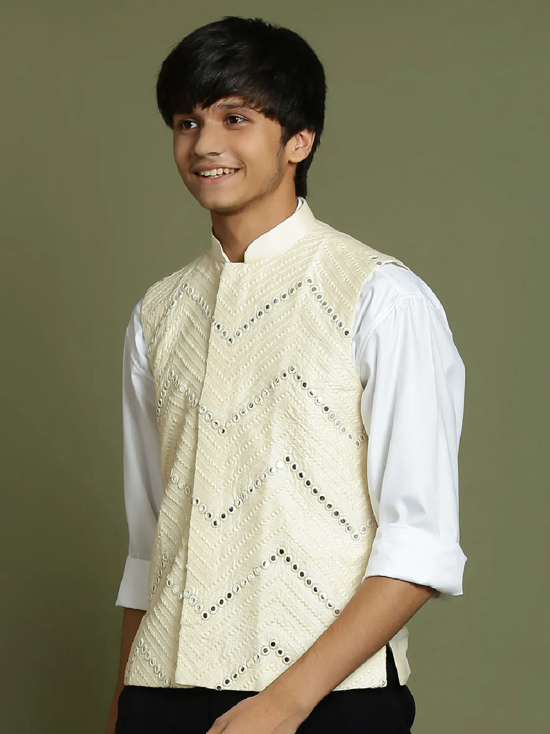 Jashvi Boys' Cream Mirror Work Ethnic Jacket