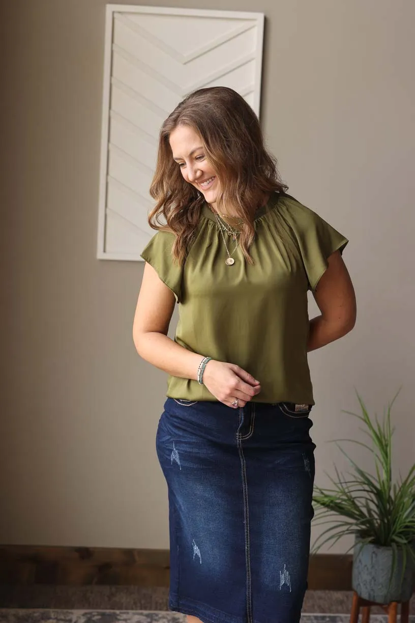 Jungle Green Flutter Sleeve Satin Top