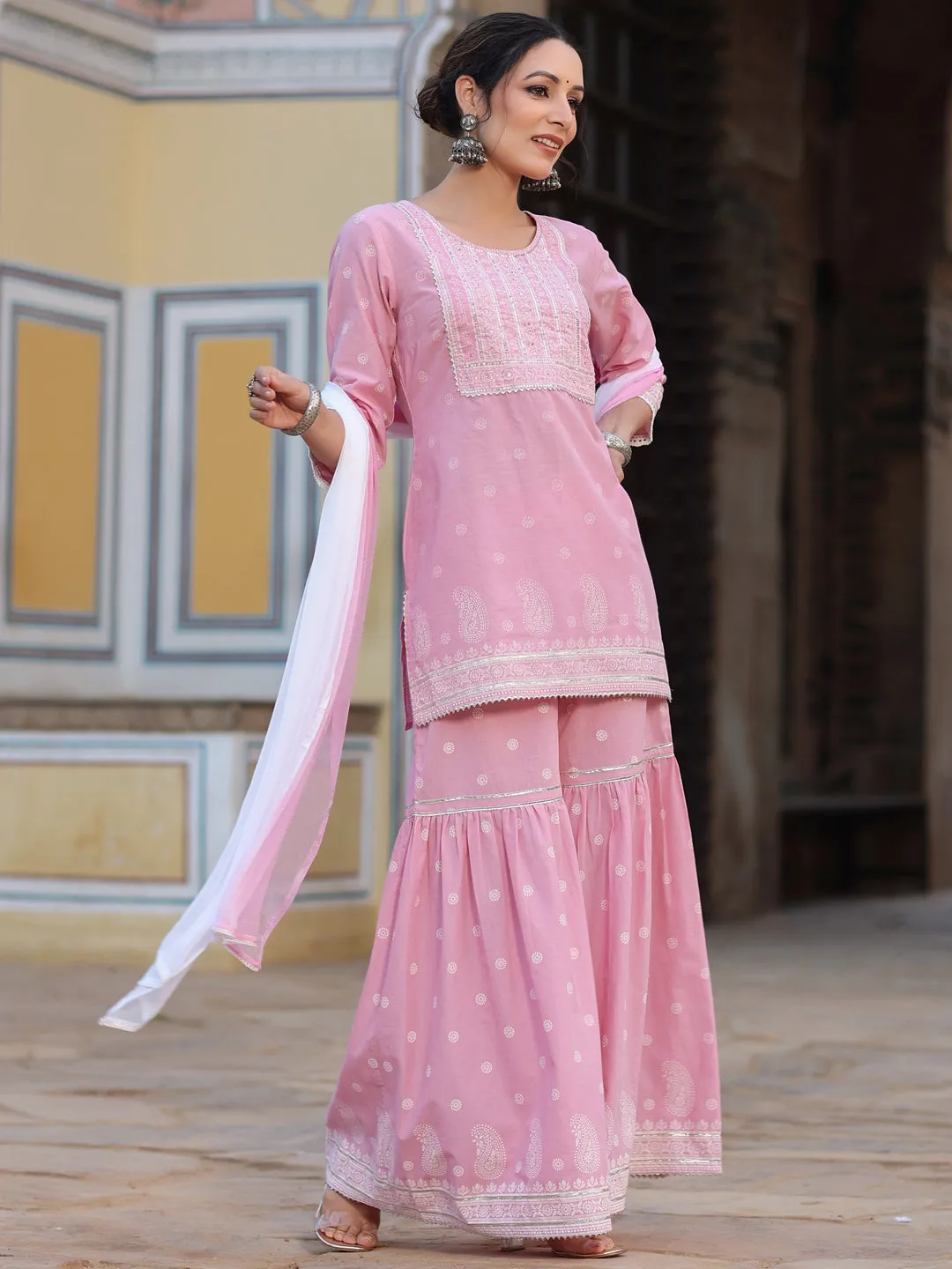 Juniper Pink Ethnic Motif Printed Pure Cotton Lacy Kurta Sharara & Dupatta Set With Beads & Sequins Work