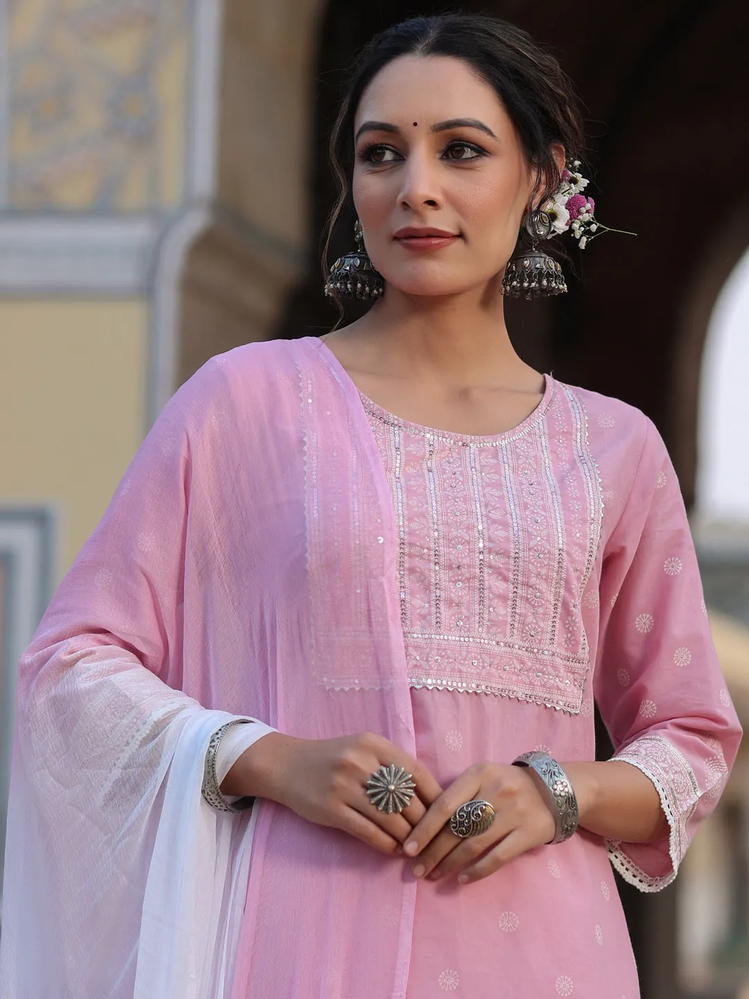 Juniper Pink Ethnic Motif Printed Pure Cotton Lacy Kurta Sharara & Dupatta Set With Beads & Sequins Work