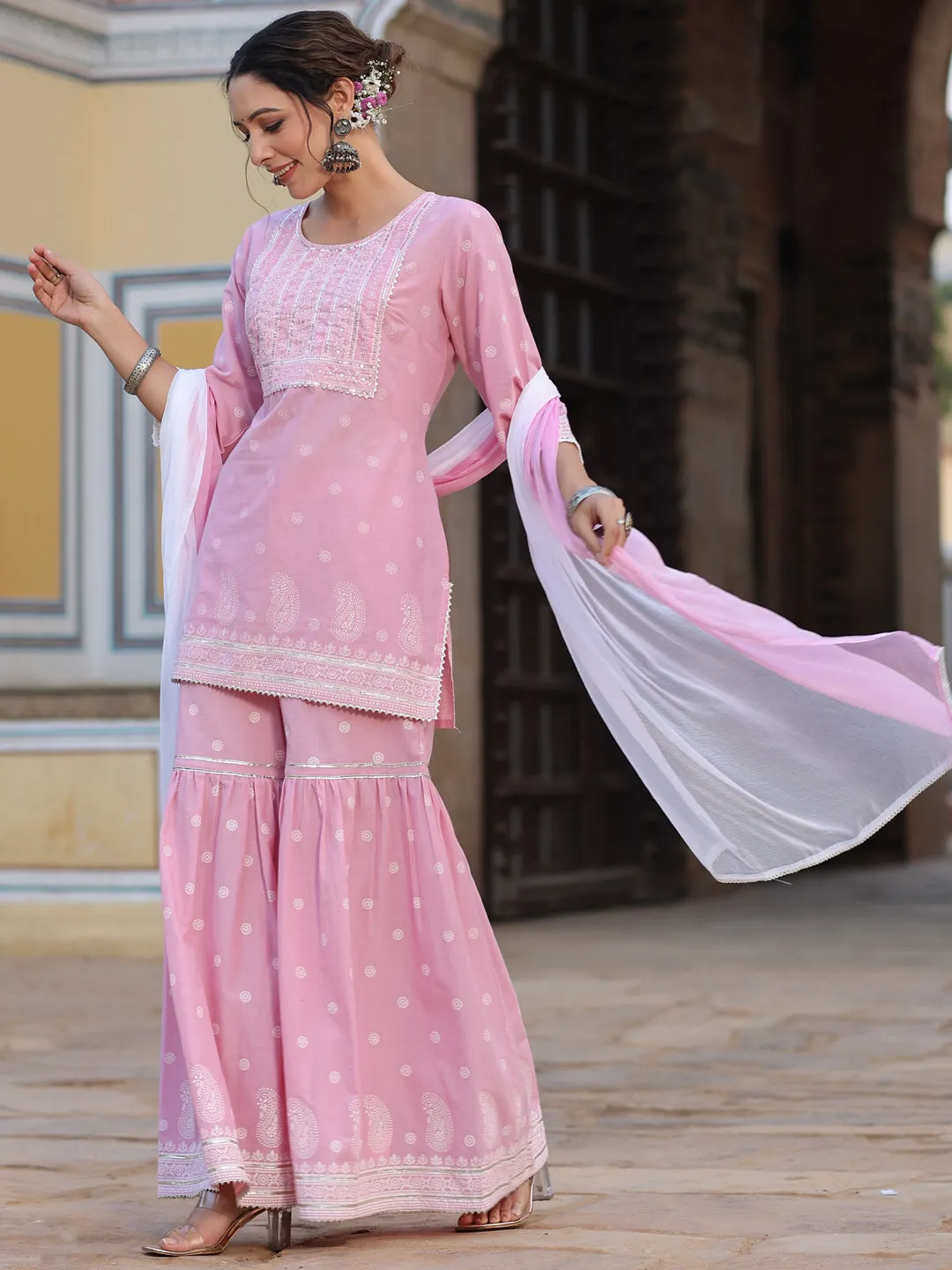 Juniper Pink Ethnic Motif Printed Pure Cotton Lacy Kurta Sharara & Dupatta Set With Beads & Sequins Work