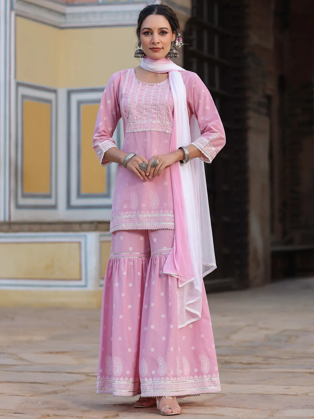 Juniper Pink Ethnic Motif Printed Pure Cotton Lacy Kurta Sharara & Dupatta Set With Beads & Sequins Work