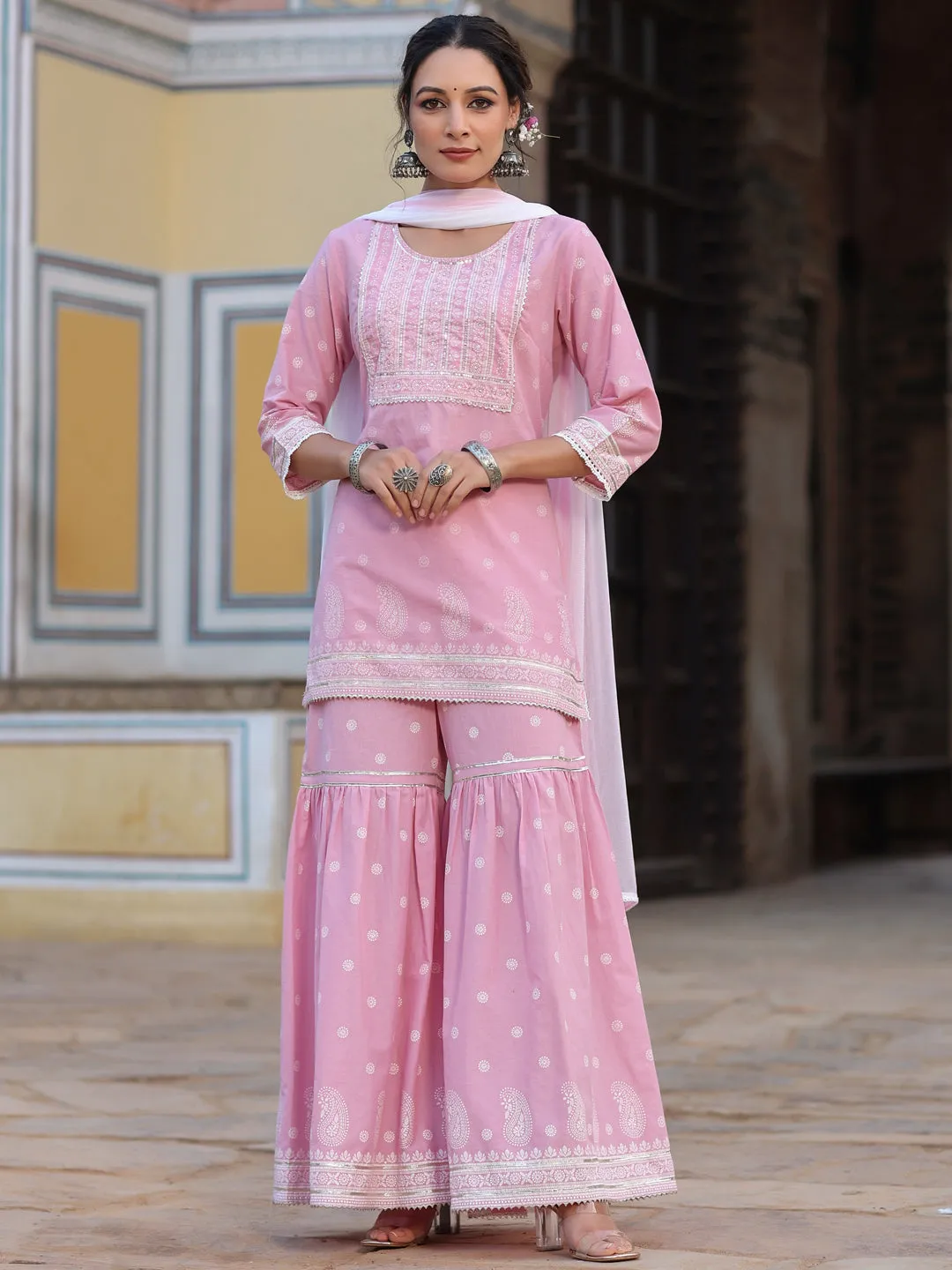 Juniper Pink Ethnic Motif Printed Pure Cotton Lacy Kurta Sharara & Dupatta Set With Beads & Sequins Work